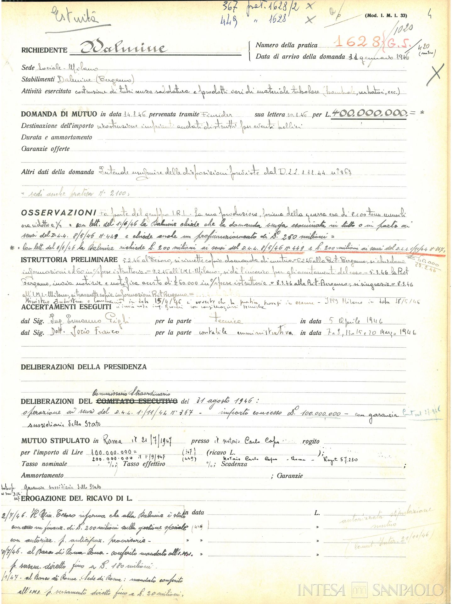Istituto Mobiliare Italiano, pagina tratta dal Repertorio Mutui, 1946