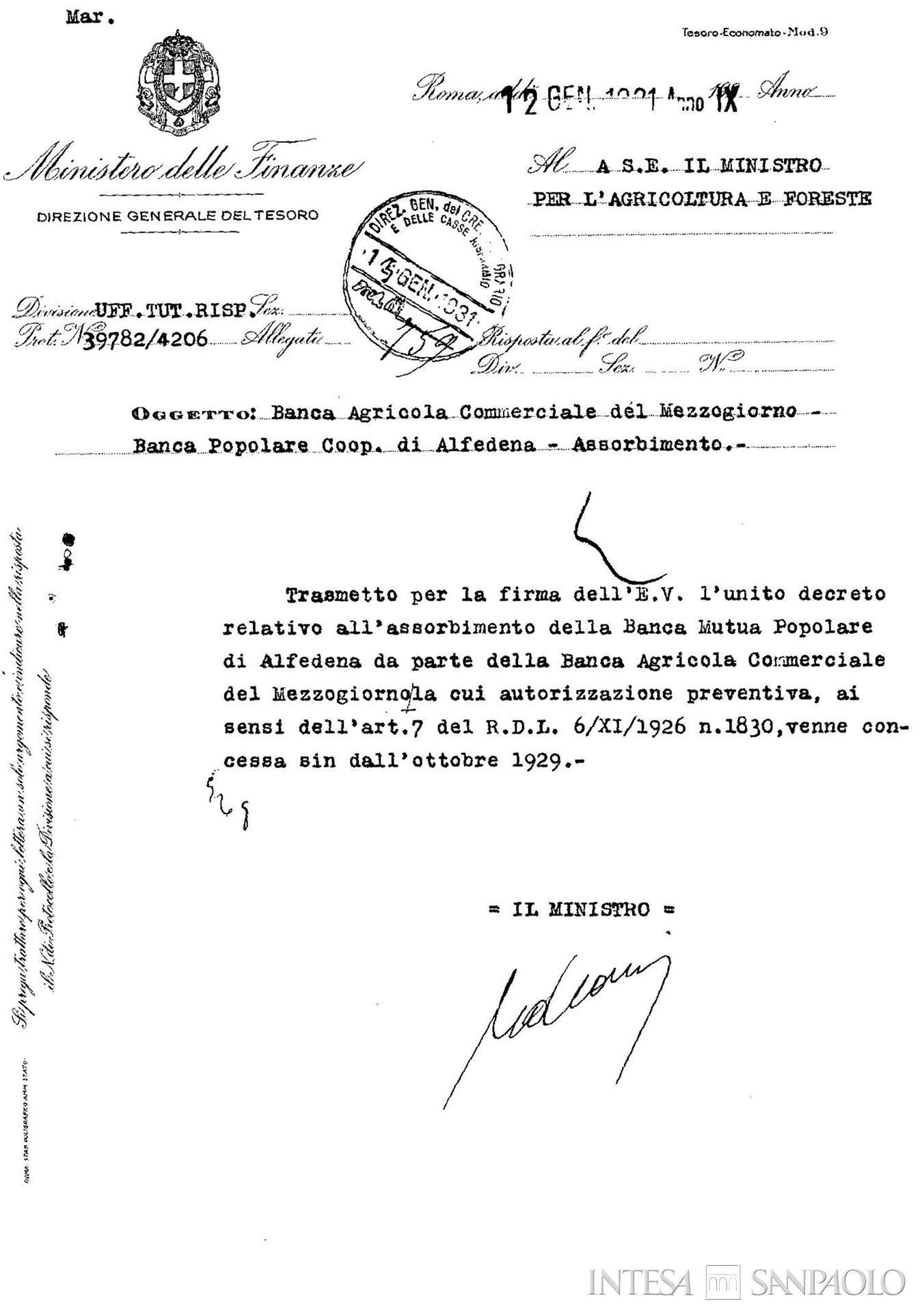 Banca Popolare Cooperativa di Alfedena, decreto relativo all'assorbimento da parte della Banca Agricola Commerciale del Mezzogiorno, 12 gennaio 1931 (Roma, Archivio Storico Banca d'Italia, Ispettorato del Credito)