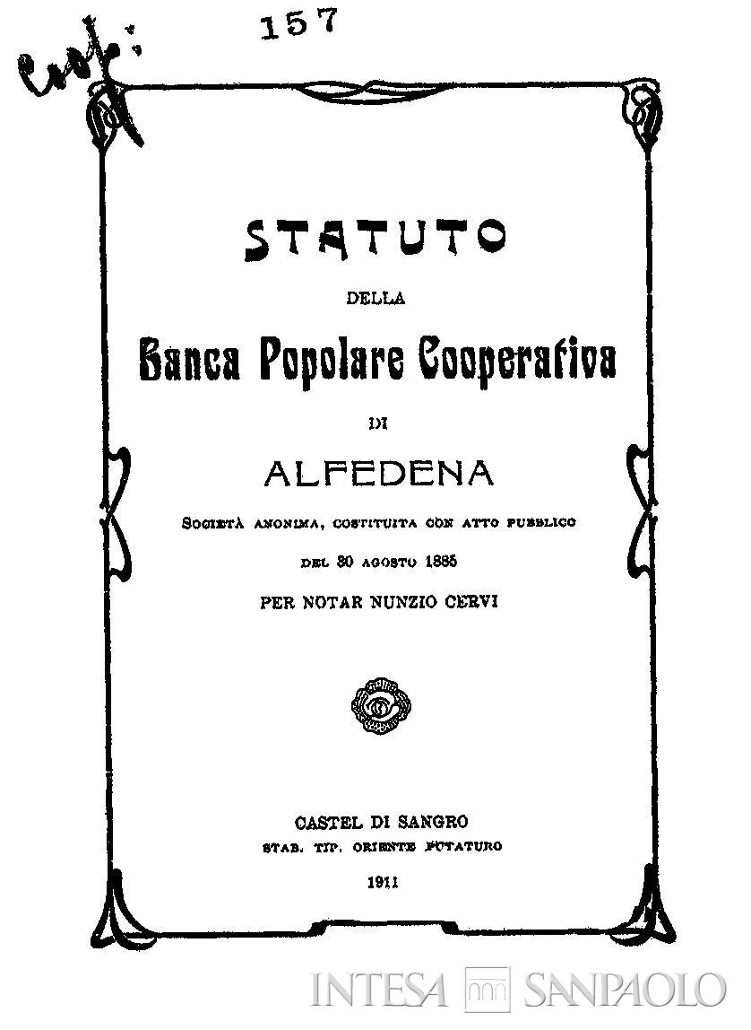 Banca Popolare Cooperativa di Alfedena, statuto, 1911 (Roma, Archivio Storico Banca d'Italia, Raccolte diverse, Statuti e Regolamenti)
