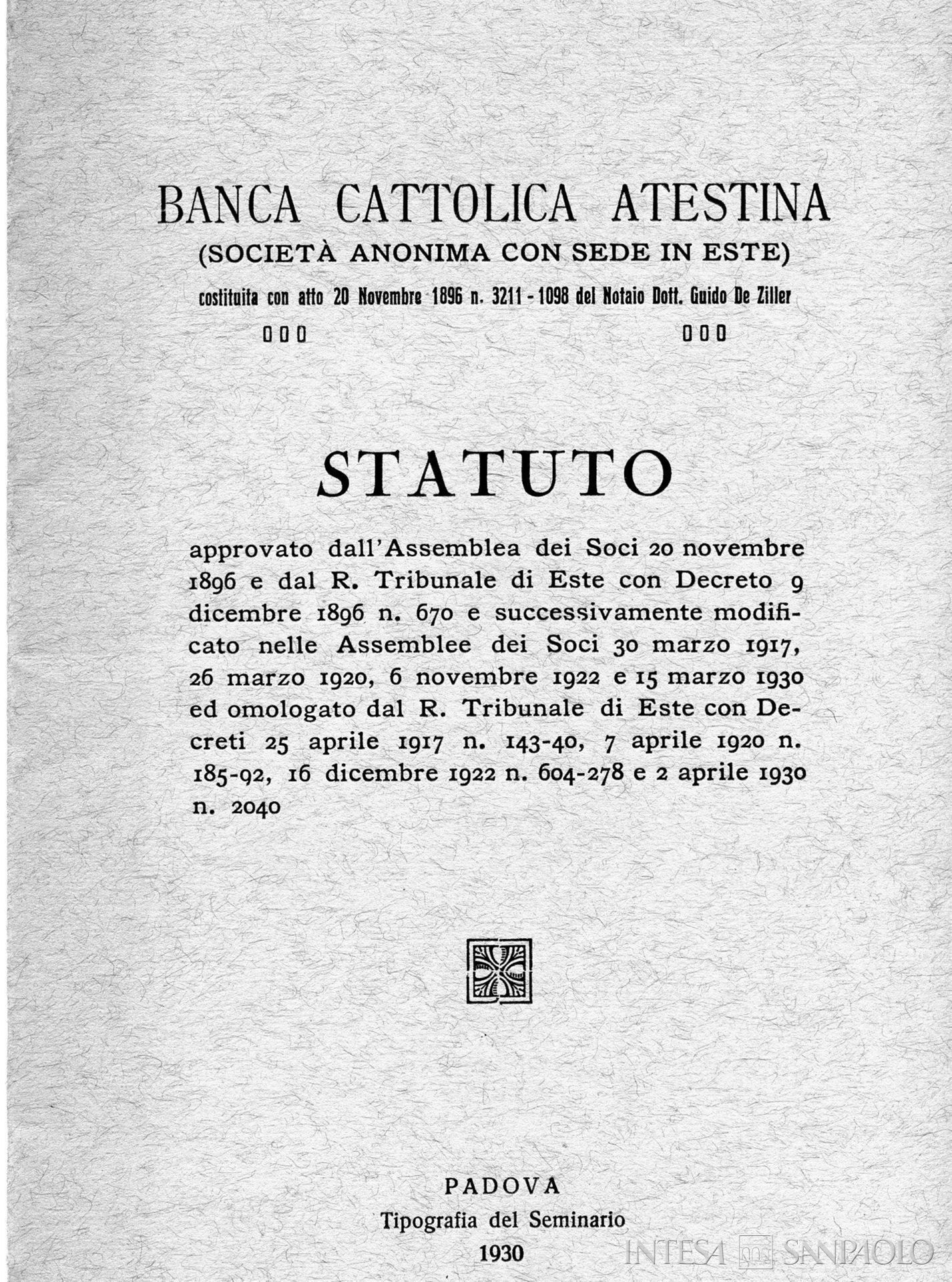 Banca Cattolica Atestina, statuto, 1930