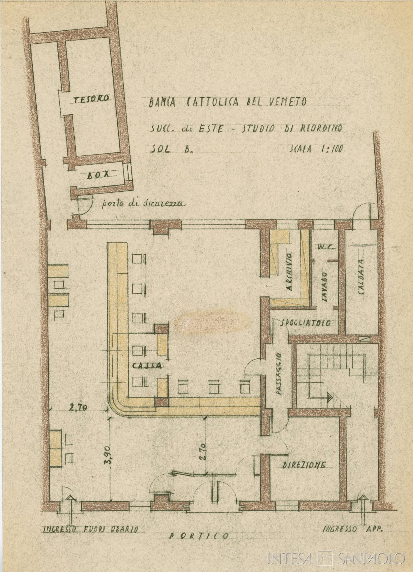 Banca Cattolica Atestina, planimetria della sede dell'Istituto, poi succursale della Banca Cattolica del Veneto, 1962