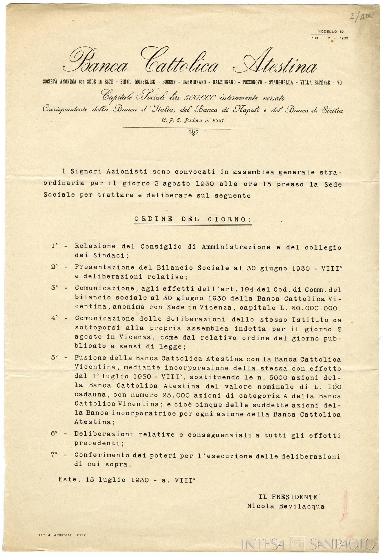 Banca Cattolica Atestina, convocazione degli azionista all'Assemblea Generale Straordinaria del 2 agosto 1930, 15 lugliol 1930