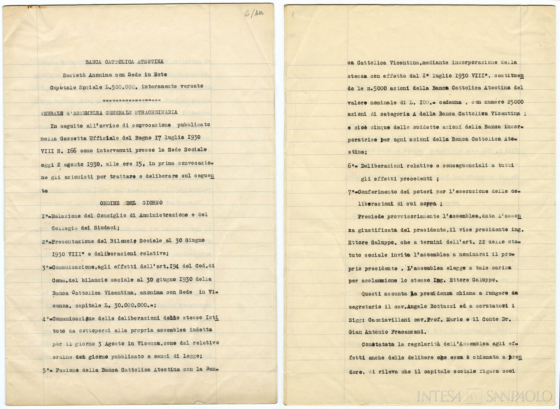 Banca Cattolica Atestina, pagine estratte dal Verbale dell'Assemblea Generale Straordinaria ove vi è la delibera di fusione con la Banca Cattolica Vicentina, 2 agosto 1930