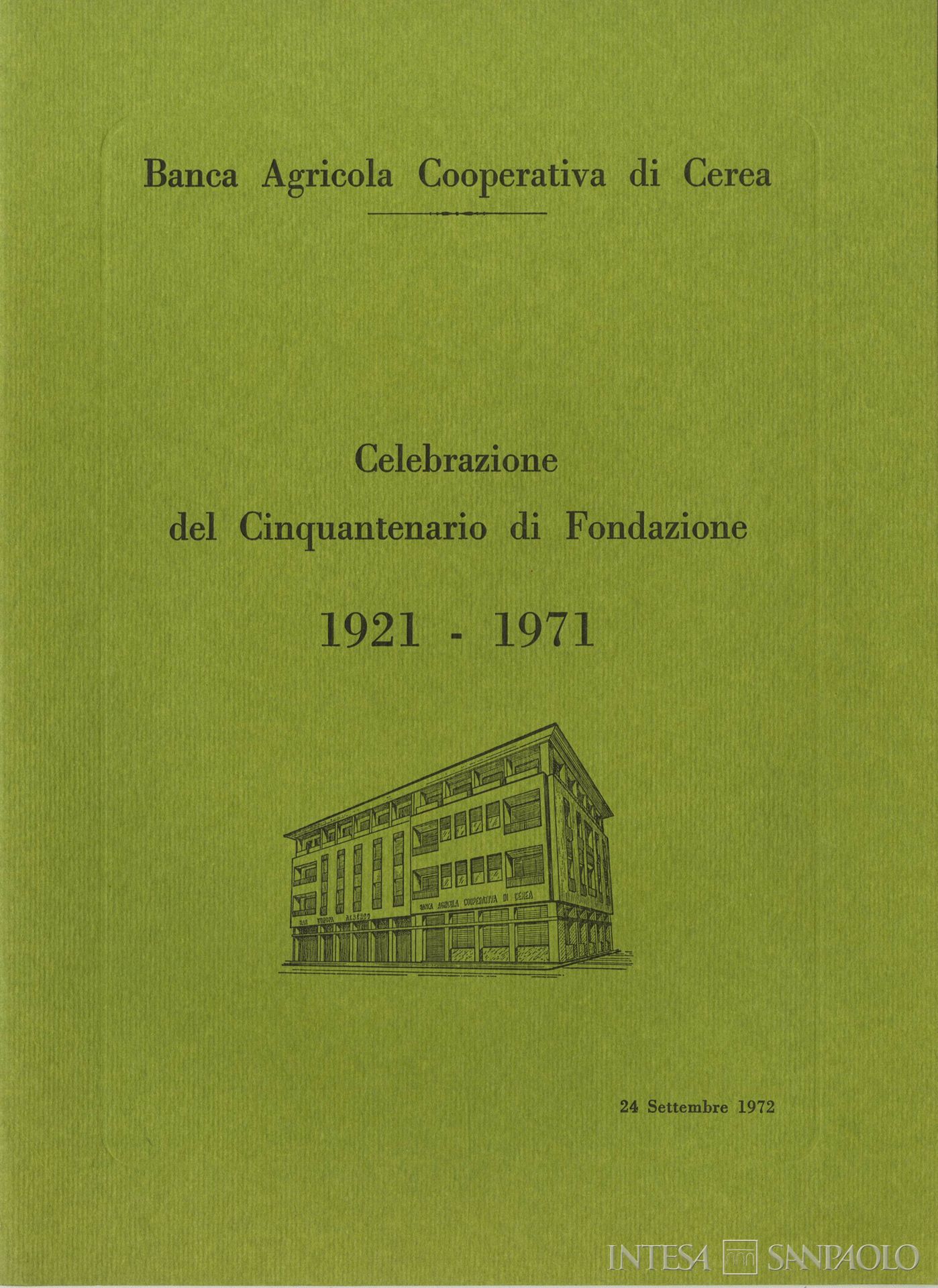 Banca Agricola Cooperativa di Cerea, frontespizio di un opuscolo edito in occasione del cinquantenario dalla fondazione, 1972