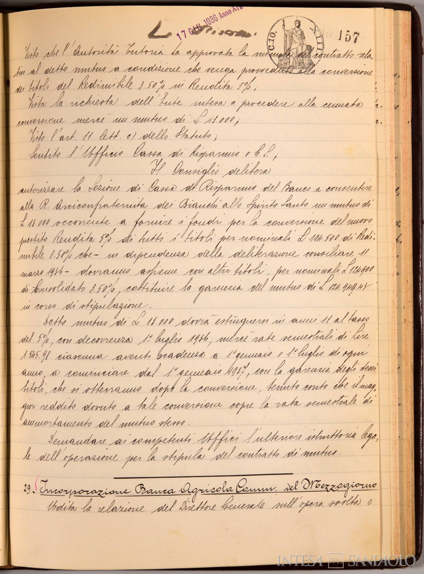 Banco di Napoli, Verbali del Consiglio di Amministrazione, delibera n. 29 relativa all'incorporazione della Banca Agricola Commerciale del Mezzogiorno, 17 giugno 1936 (Archivio Storico del Banco di Napoli)