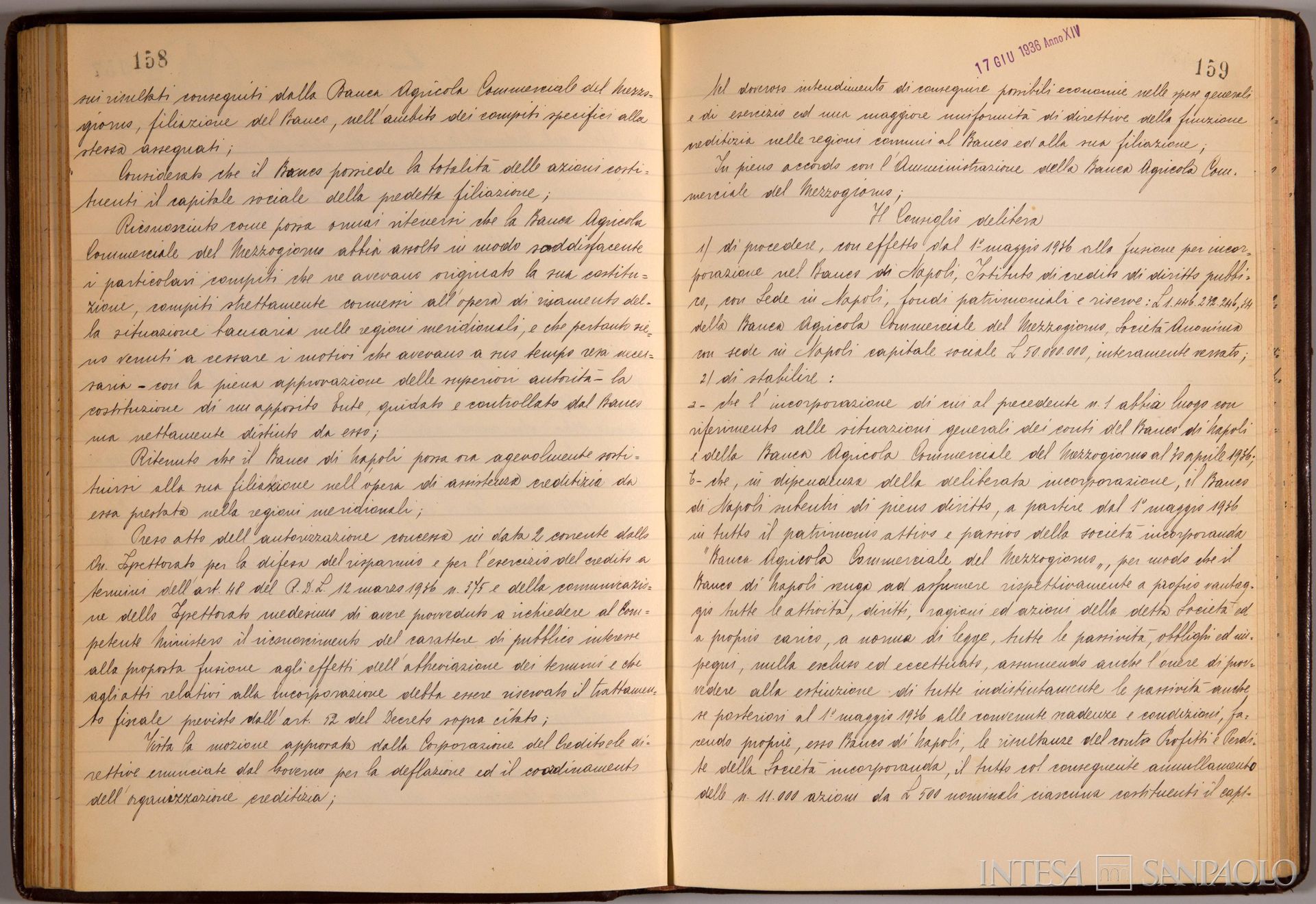 Banco di Napoli, Verbali del Consiglio di Amministrazione, delibera n. 29 relativa all'incorporazione della Banca Agricola Commerciale del Mezzogiorno, 17 giugno 1936 (Archivio Storico del Banco di Napoli)