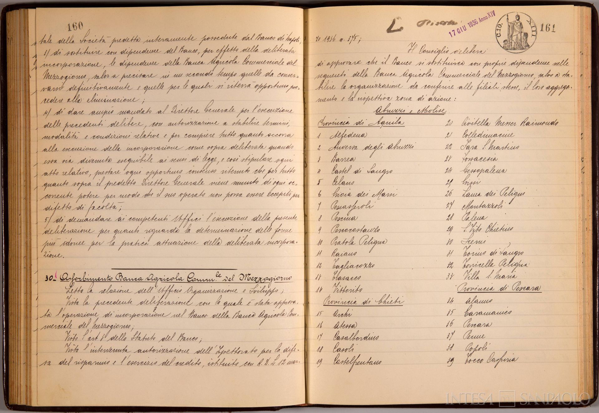 Banco di Napoli, Verbali del Consiglio di Amministrazione, delibera n. 30 relativa all'incorporazione della Banca Agricola Commerciale del Mezzogiorno, 17 giugno 1936 (Archivio Storico del Banco di Napoli)