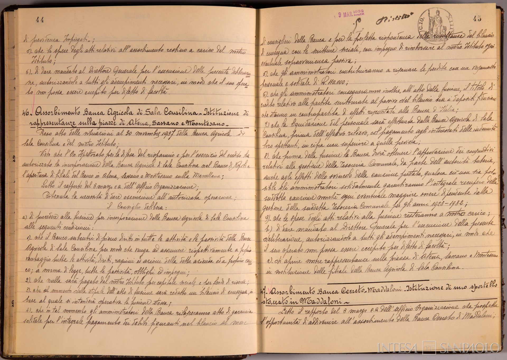 Banco di Napoli, Verbali del Consiglio di Amministrazione, delibera n. 46 relativa all'assorbimento della Banca Agricola di Sala Consilina e istituzione di rappresentanze sulle piazze di Atena, Sassano e Montesano, 9 marzo 1939 (Archivio Storico del Banco di Napoli)