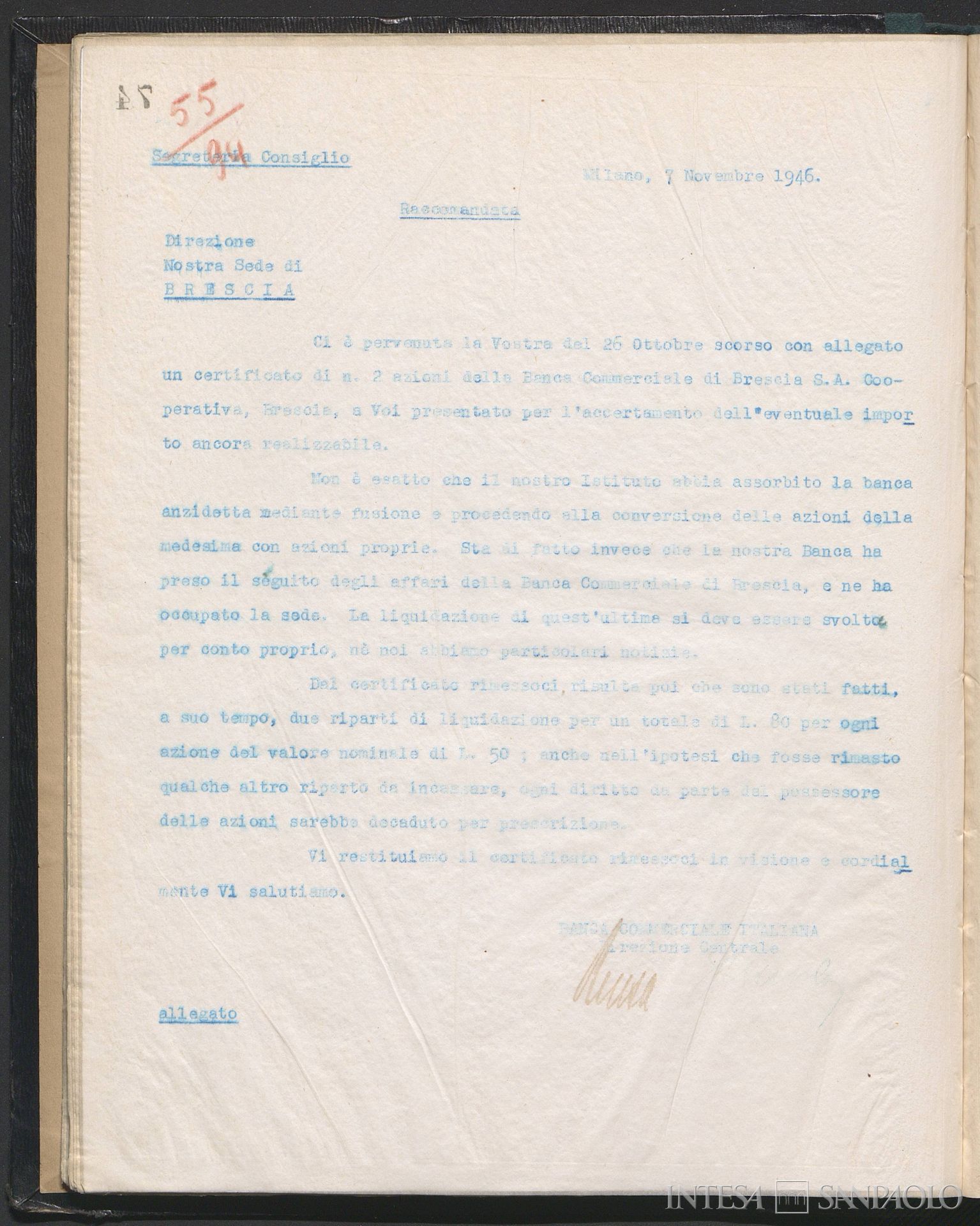 Banca Commerciale di Brescia, pagina estratta dai Copialettere della Segreteria del Consiglio della Banca Commerciale Italiana, 7 novembre 1946