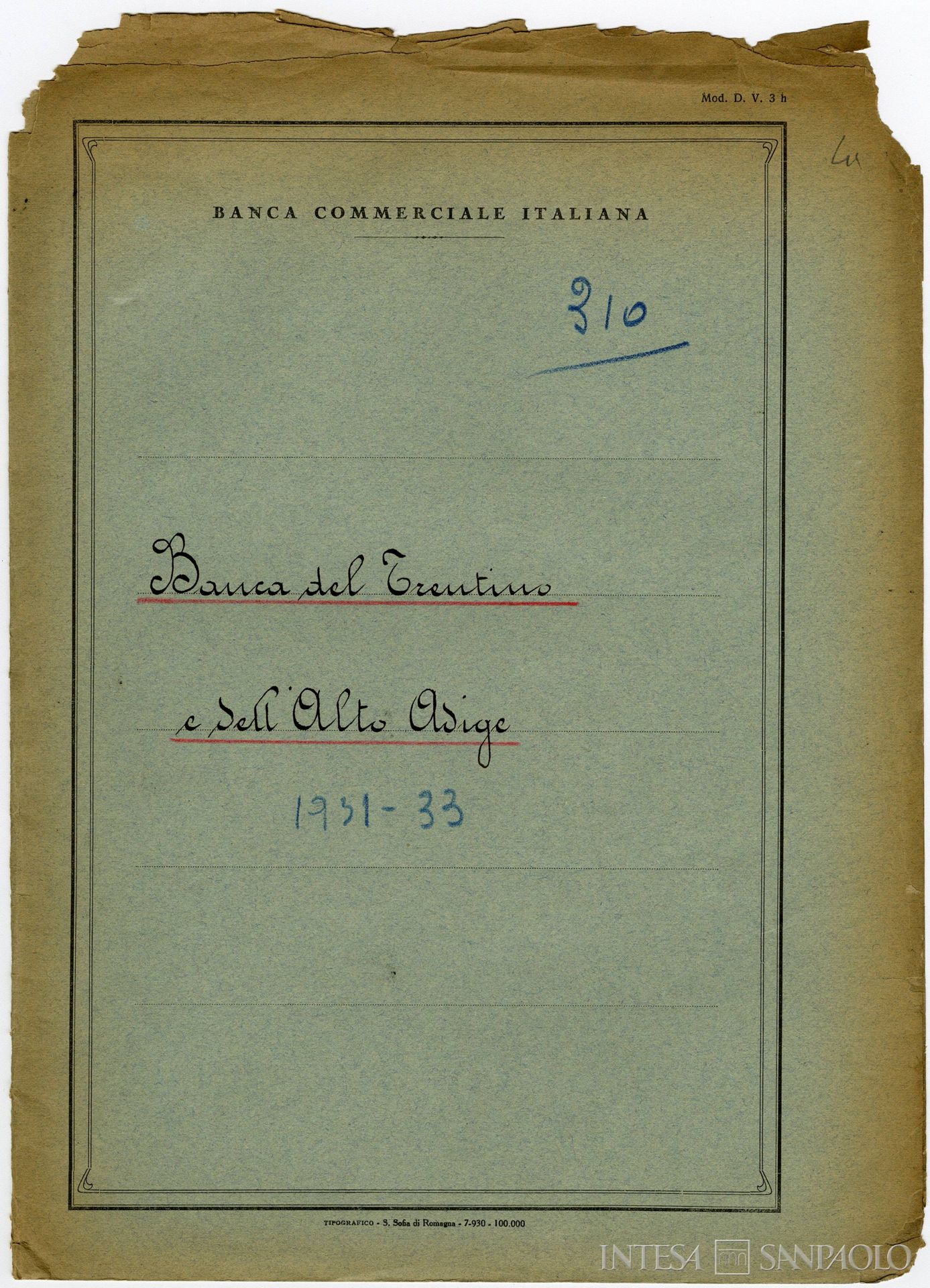 Banca del Trentino e dell'Alto Adige, frontespizio di un fascicolo di corrispondenza della Banca Commerciale Italiana relativo all'istituto, 1931-1933