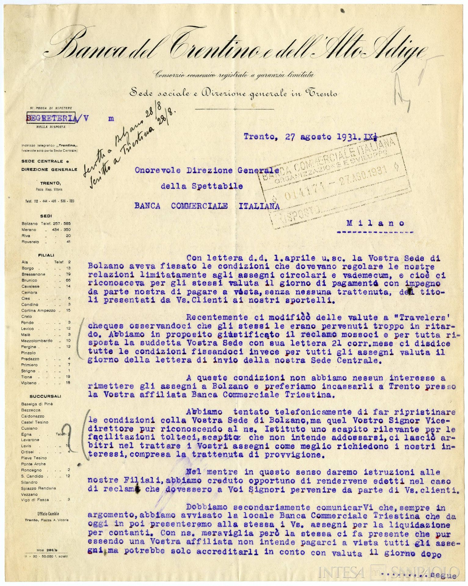 Banca del Trentino e dell'Alto Adige, corrispondenza dell'istituto con la Banca Commerciale Italiana, 27 agosto 1931