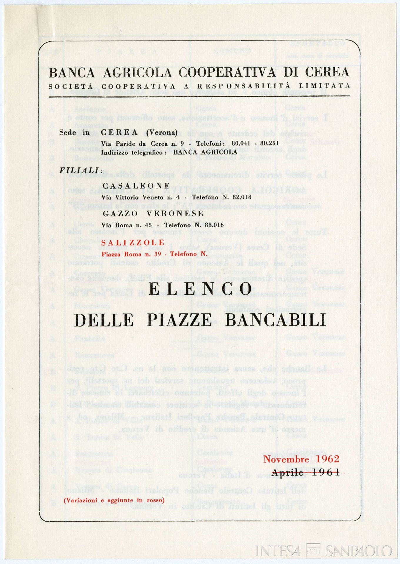 Banca Agricola Cooperativa di Cerea, frontespizio del pieghevole con l'elenco delle piazze bancabili, novembre 1962
