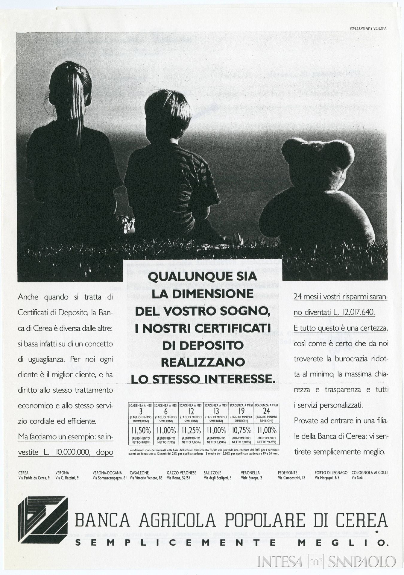 Banca Agricola Popolare di Cerea, pubblicità dell'istituto, anni Novanta