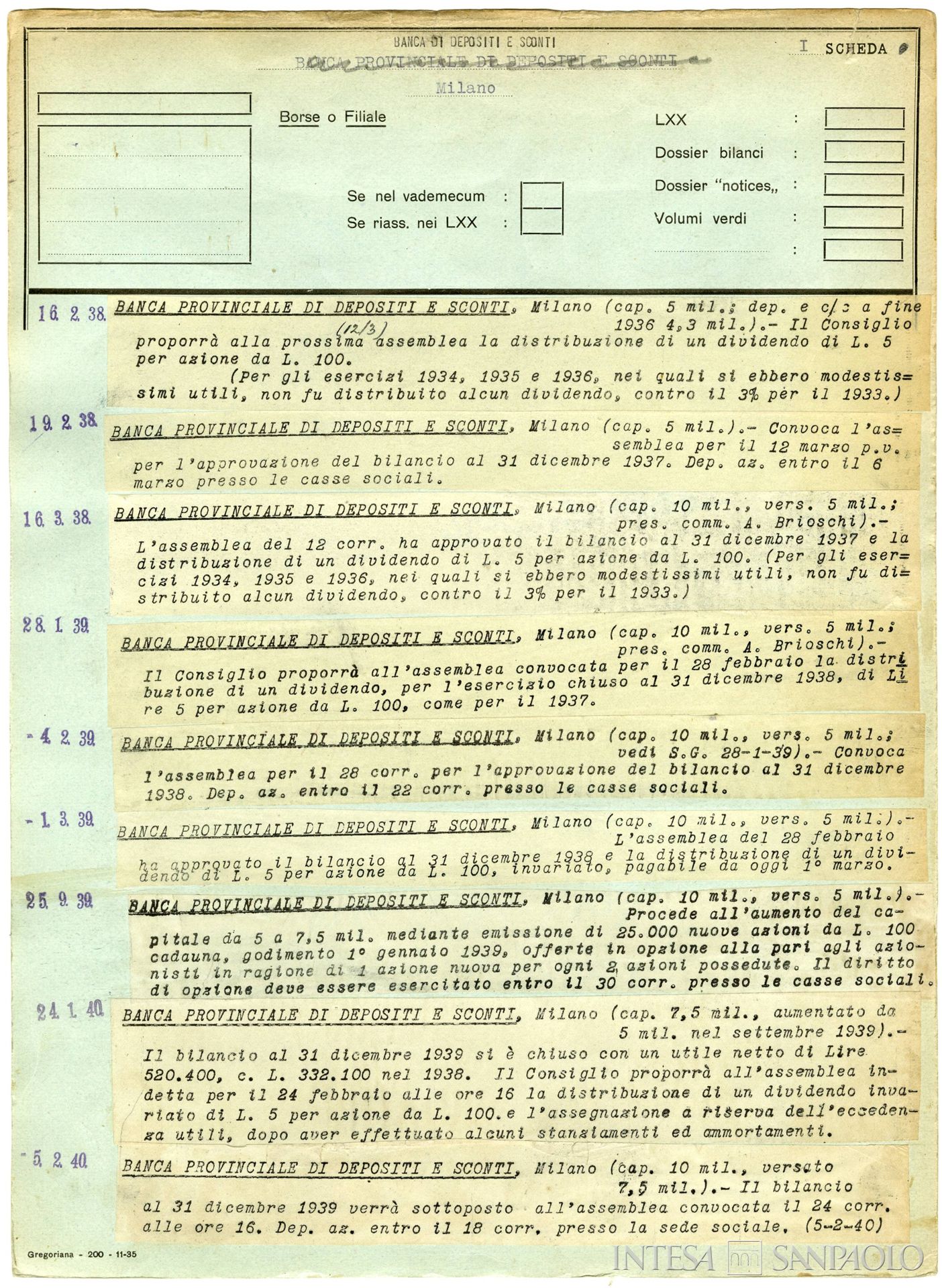 Banca di Depositi e Sconti, pagina estratta dallo spoglio dei bilanci dell'istituto, 1938-1940