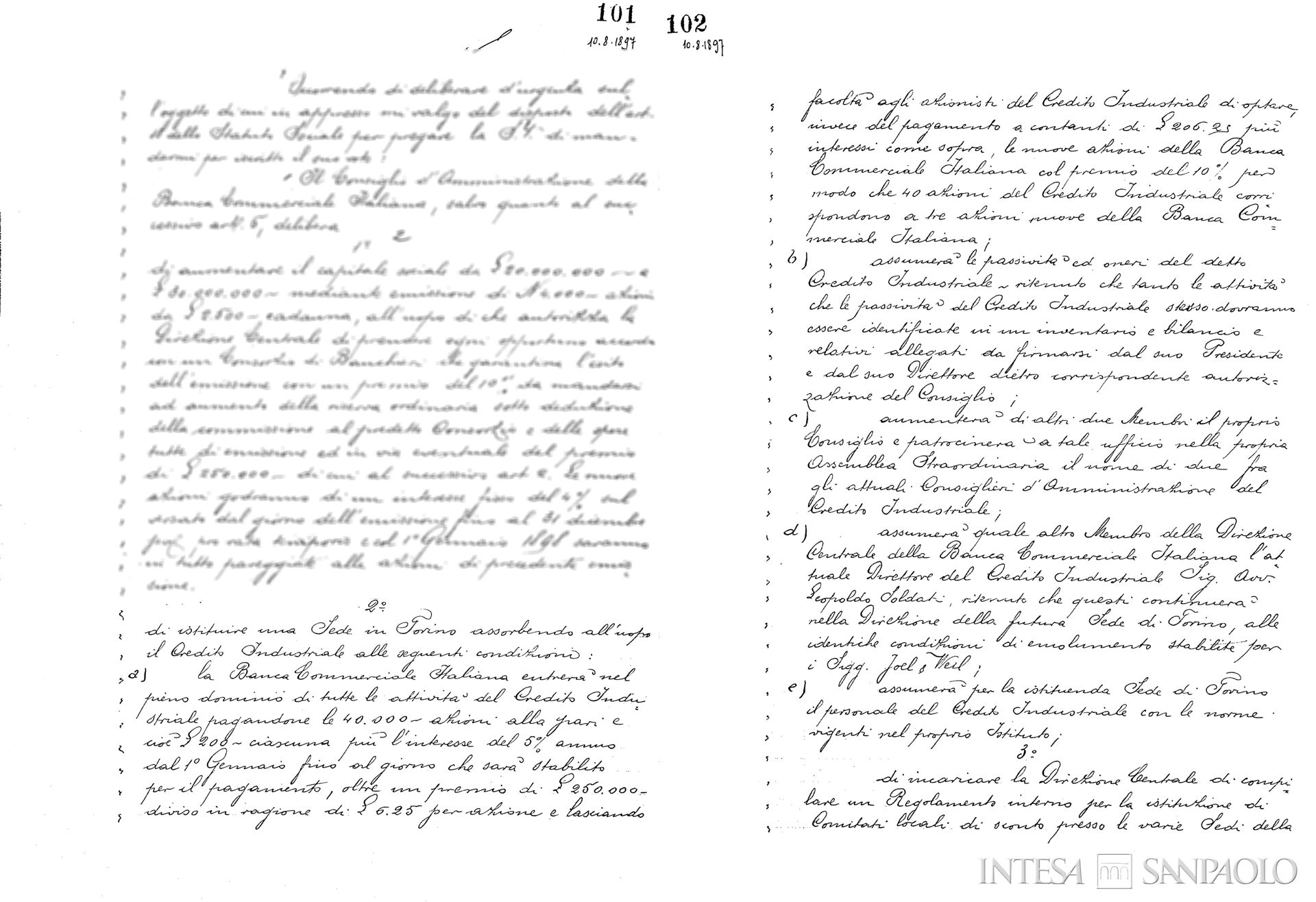 Credito Industriale, pagine estratte dai Verbali del Consiglio di Amministrazione, 10 agosto 1897
