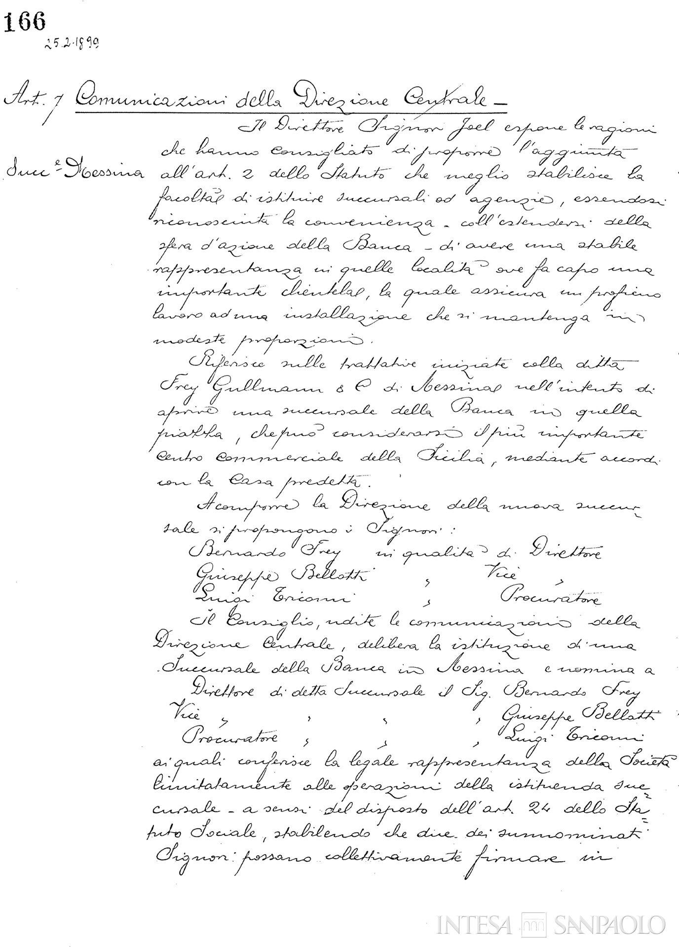 Pagina estratta dai verbali del Consiglio di Amministrazione della Banca Commerciale Italiana in merito all'apertura della filiale di Messina, già in trattativa con la Frey Gullmann & C., 25 febbraio 1899