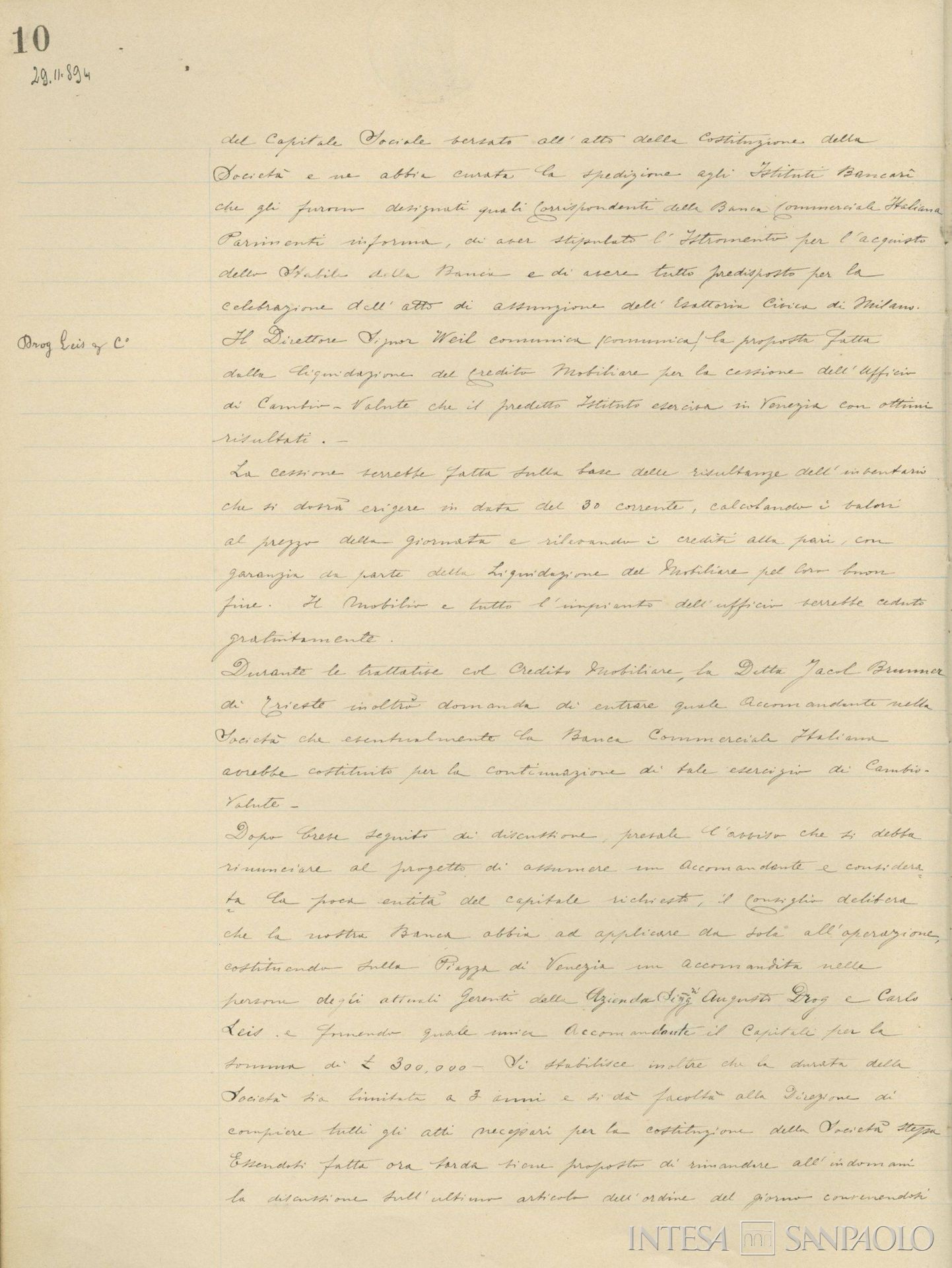 Drog Leis e C., pagina estratta dai Verbali del Consiglio di Amministrazione della Banca Commerciale Italiana relativa alla creazione sulla piazza di Venezia di una accomandita, 29 novembre 1894