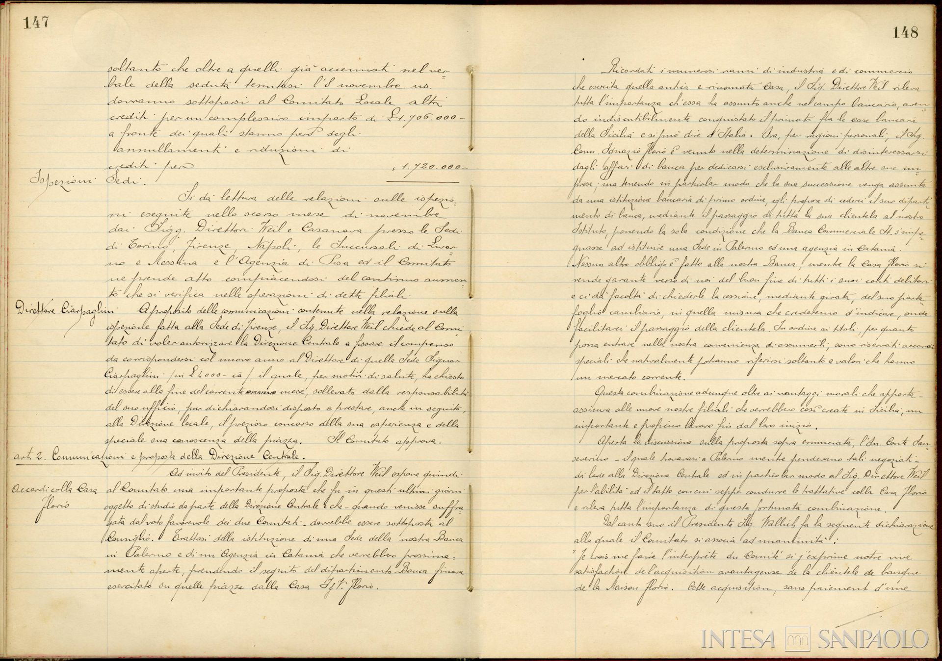 Pagine estratte dai verbali del Comitato Centrale della Banca Commerciale Italiana in merito all'apertura di due nuovi sportelli a Palermo e a Catania, rilevabili dalla sezione bancaria della Ditta Ignazio e Vincenzo Florio, 1902