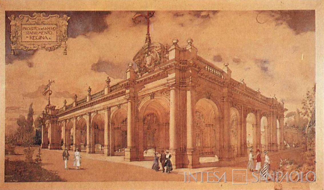 Banca di Credito e Risparmio di Montecatini, progetto per lo stabilimento Regina di Montecatini ad opera di Ugo Giovannozzi, 1916, tratto dall'house organ Il Tremisse Pistoiese, 1991, n. 1-3