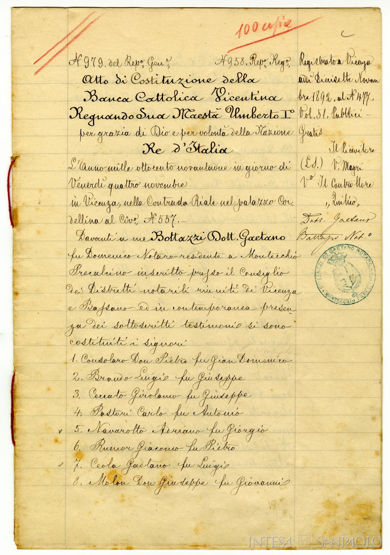 Banca Cattolica Vicentina, frontespizio dell'atto costitutivo, 1892