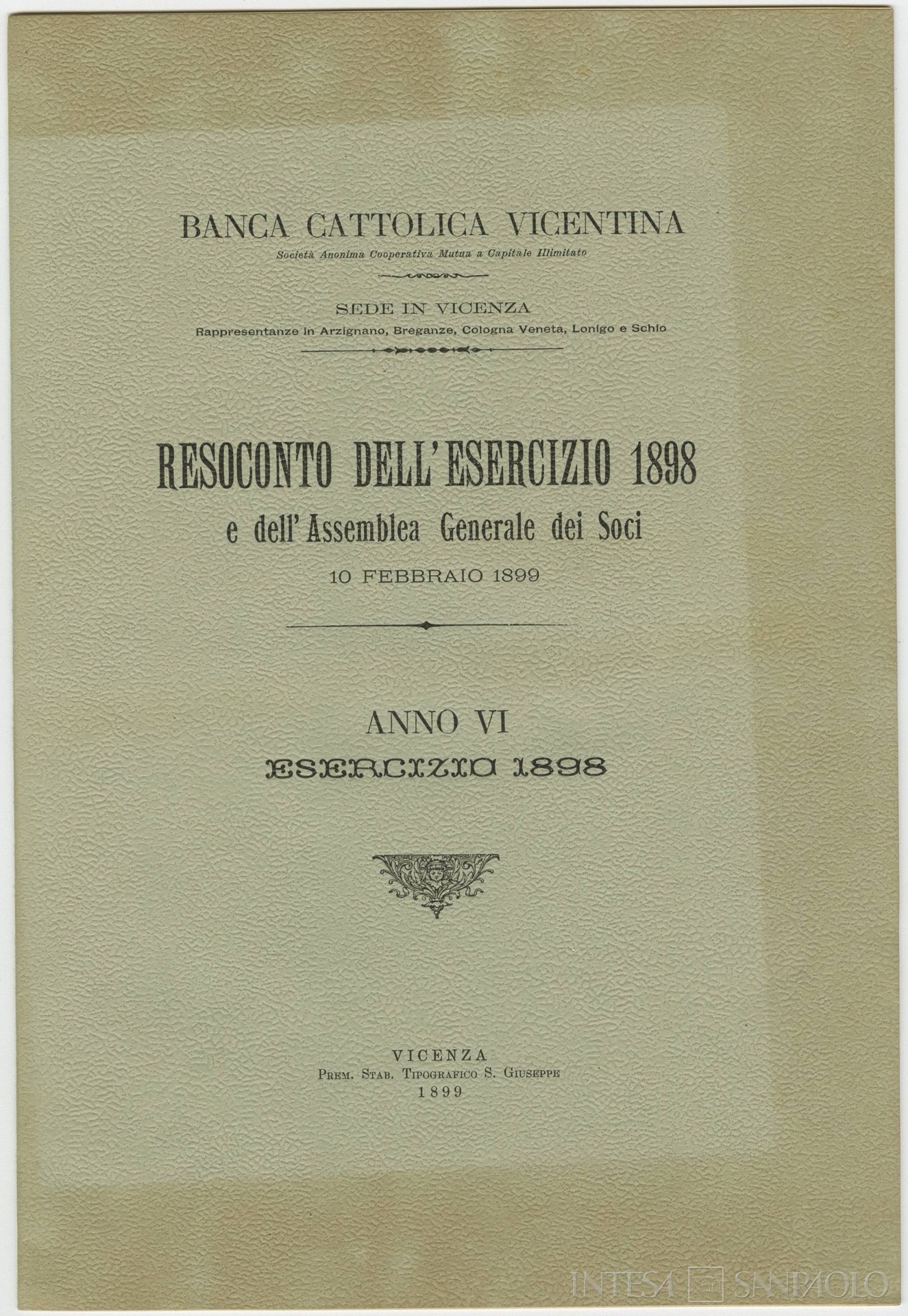 Banca Cattolica Vicentina, frontespizio del resoconto dell'esercizio, 1898