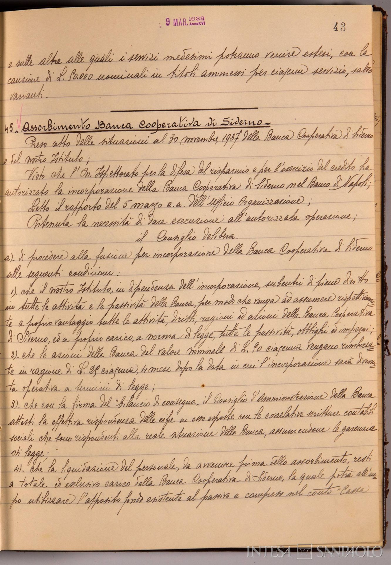 Banco di Napoli, Verbali del Consiglio di Amministrazione, delibera n. 45 relativa all'assorbimento della Banca Cooperativa di Siderno, 9 marzo 1939 (Archivio Storico del Banco di Napoli)