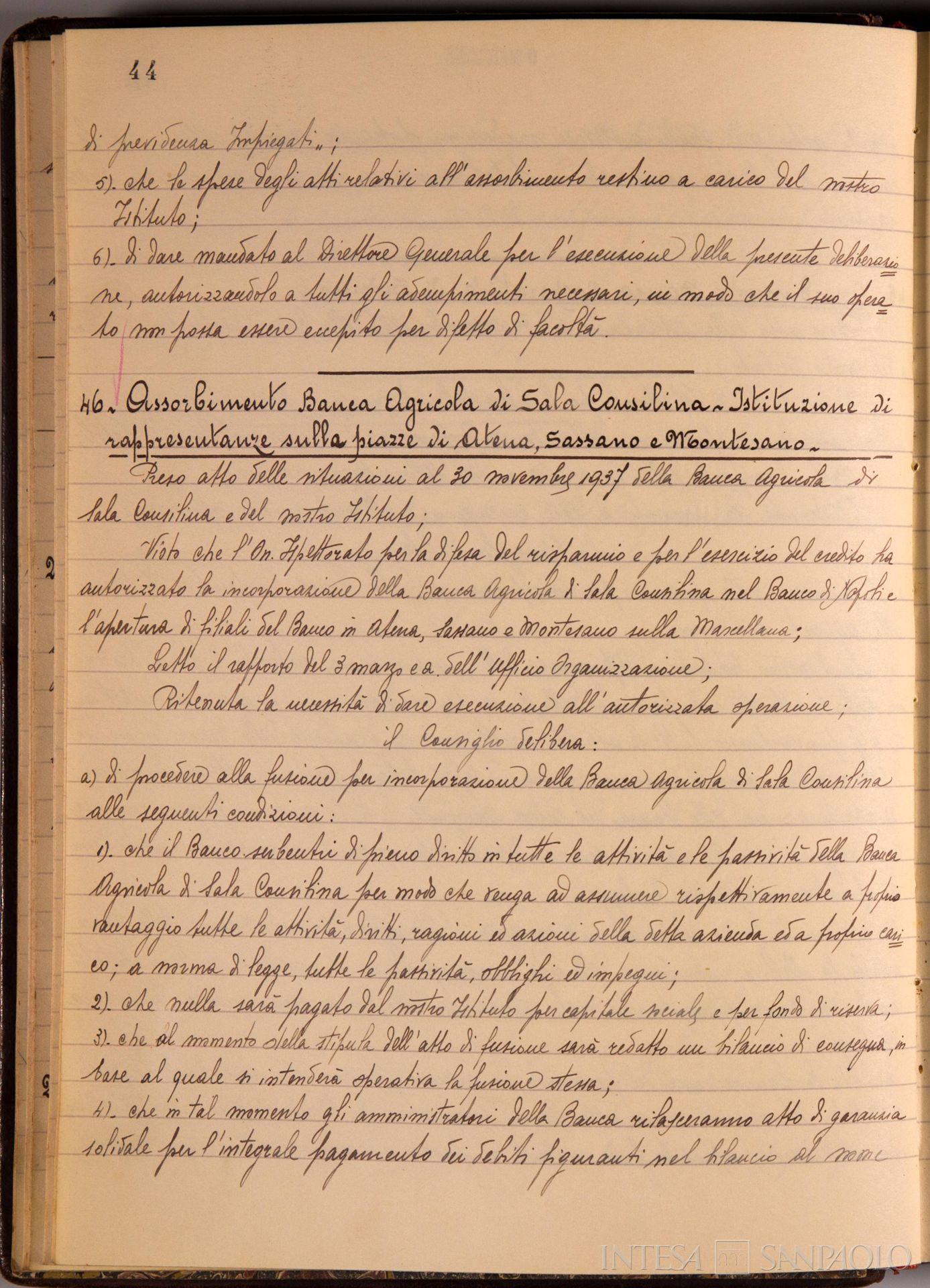 Banco di Napoli, Verbali del Consiglio di Amministrazione, delibera n. 45 relativa all'assorbimento della Banca Cooperativa di Siderno, 9 marzo 1939 (Archivio Storico del Banco di Napoli)