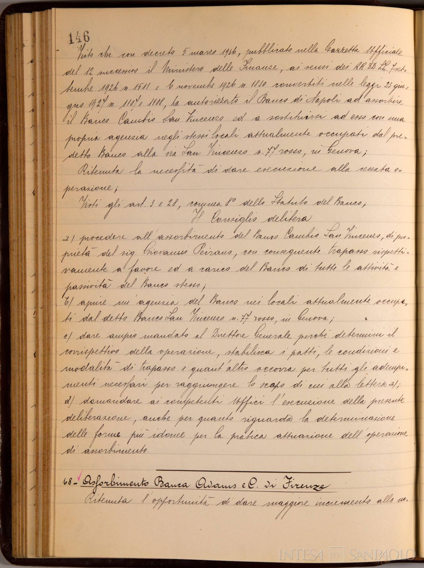 Banco di Napoli, Verbali del Consiglio di Amministrazione, delibera n. 67 relativa all'assorbimento del Banco Cambio San Vincenzo, 29 aprile 1936 (Archivio Storico del Banco di Napoli)
