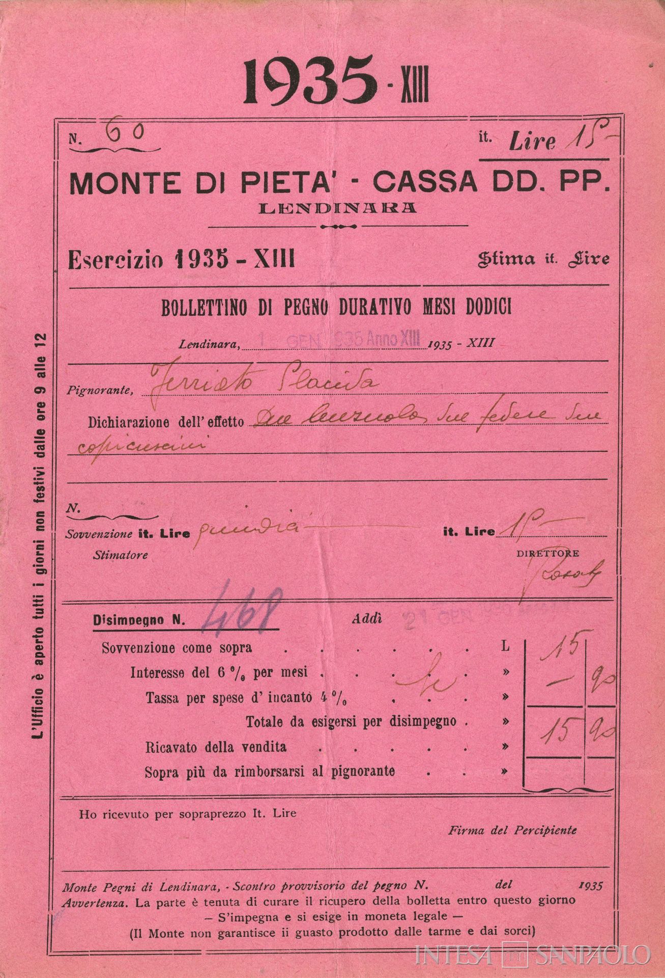Monte di Pietà di Lendinara, bollettino di pegno, 1935