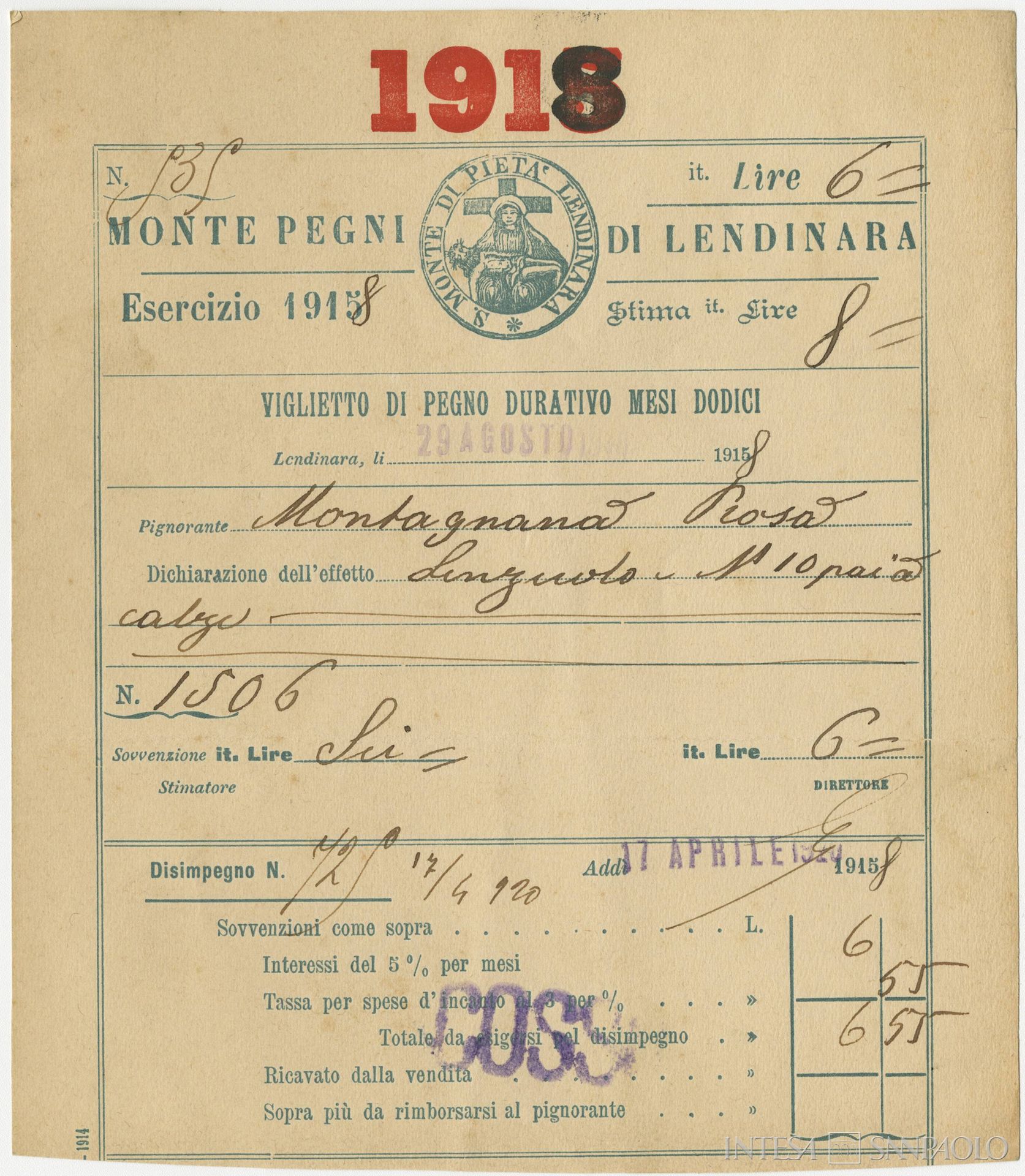 Monte di Pietà di Lendinara, bollettino di pegno, 1918