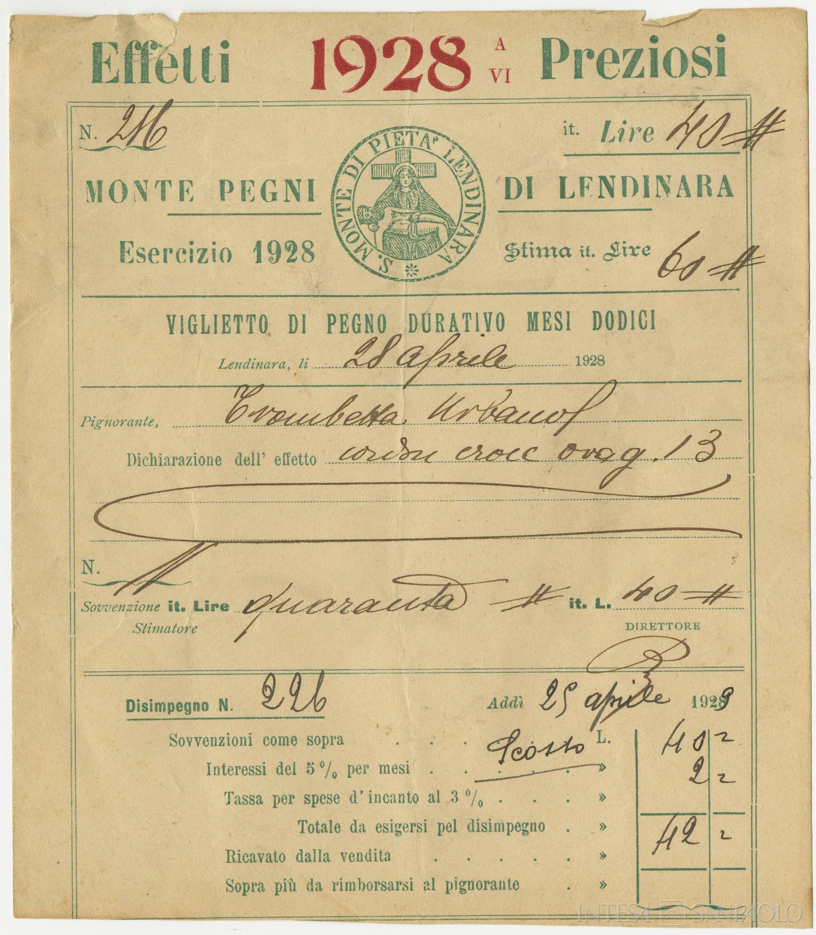 Monte di Pietà di Lendinara, bollettino di pegno, 1928