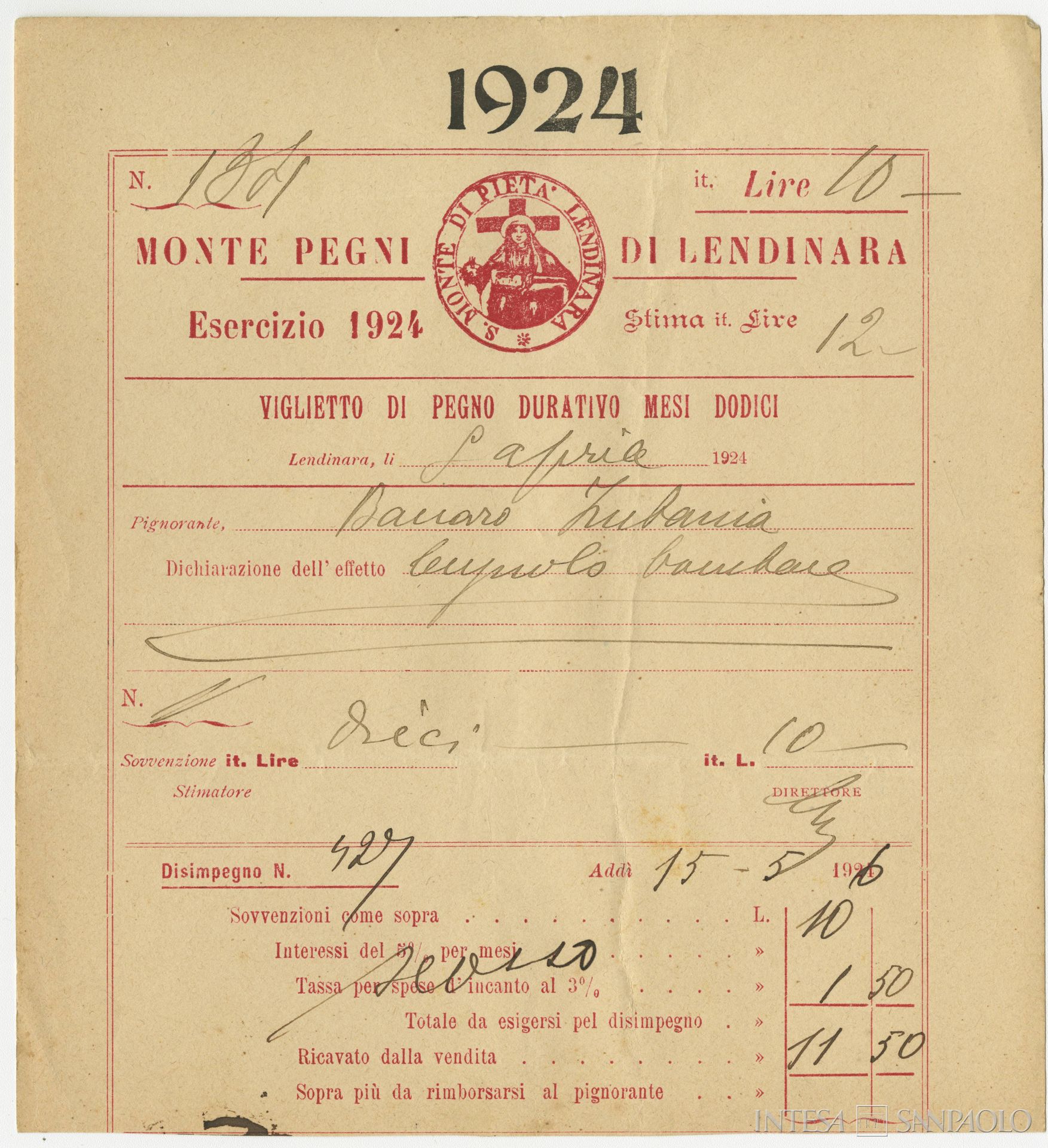 Monte di Pietà di Lendinara, bollettino di pegno, 1924