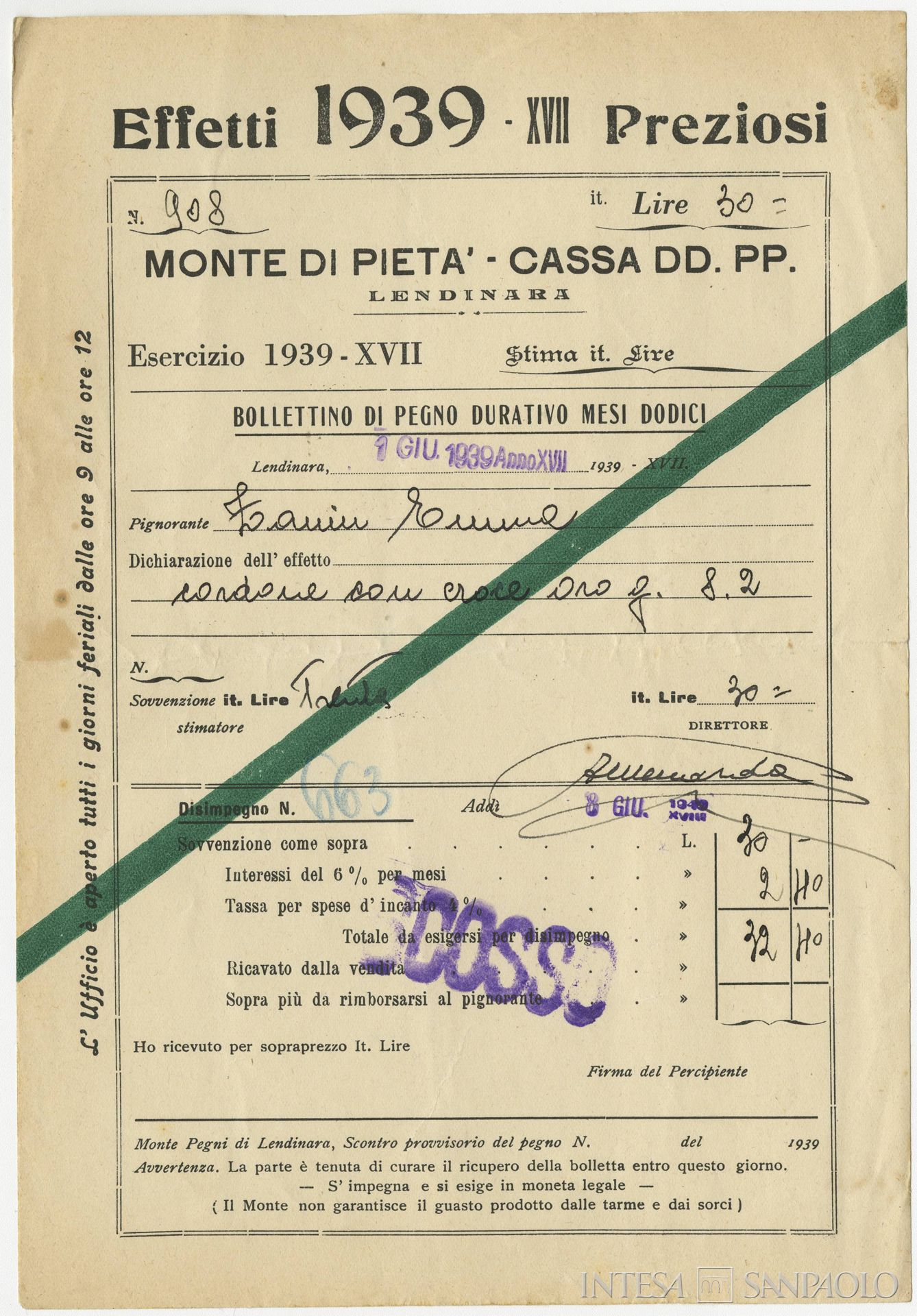 Monte di Pietà di Lendinara, bollettino di pegno, 1939