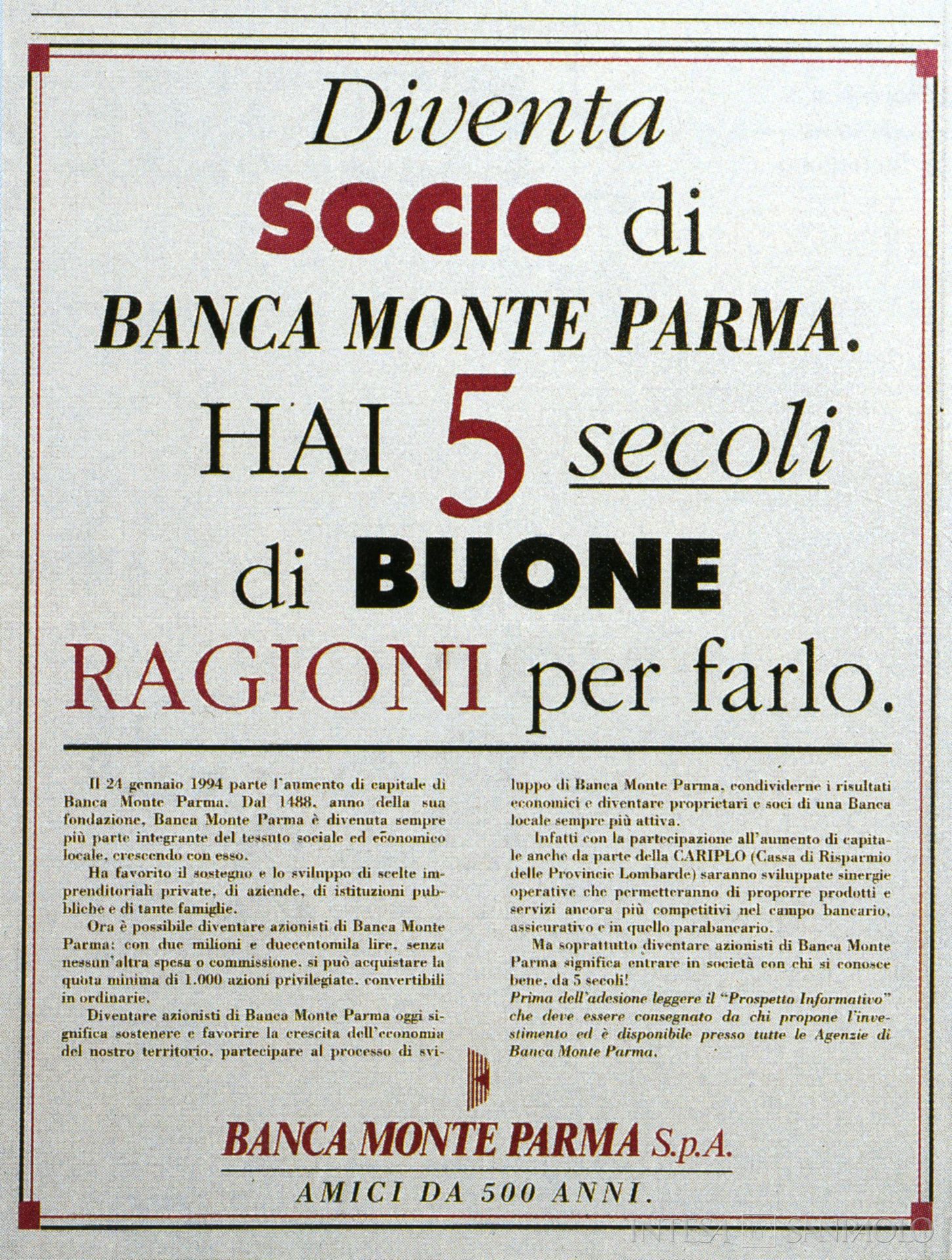 Banca del Monte di Parma, manifesto pubblicitario realizzato in occasione del passaggio dell'istituto a Società per Azioni tratto dal bilancio del 1993