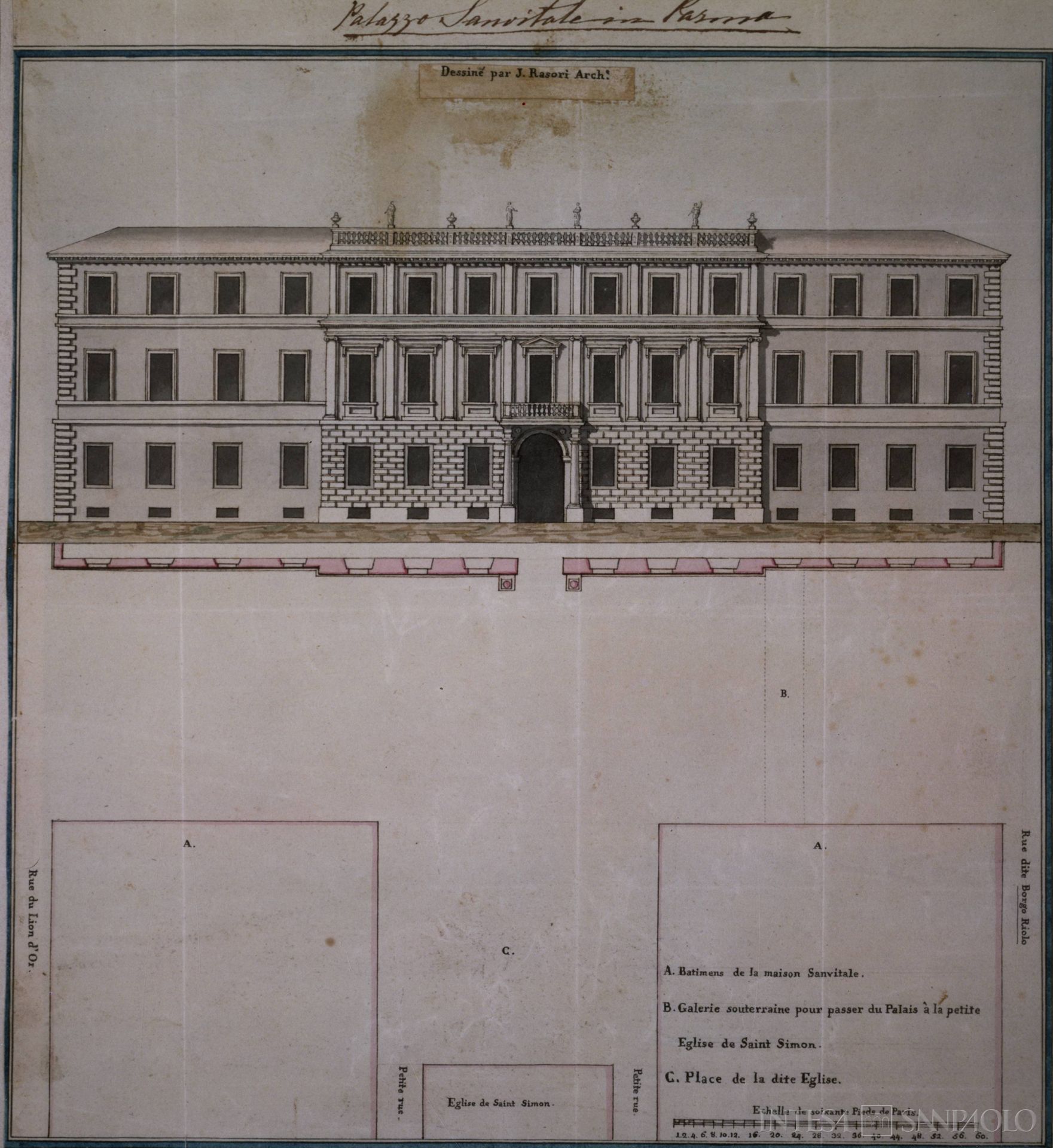 Banca del Monte di Parma, rilievo della facciata della sede presso Palazzo Sanvitale, disegno datato 1793-1795, tratto da 1488-1988. Cinquecento anni di continua attività, 1988