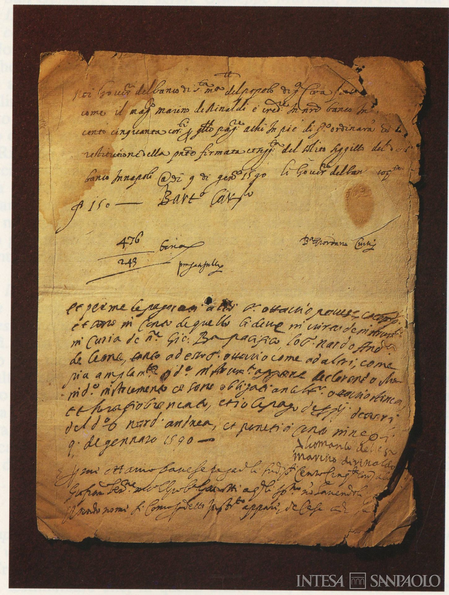Banco di Napoli, fede di credito del Banco di Santa Maria del Popolo datata 1590 tratta da Banco di Napoli 450 anni, 1989