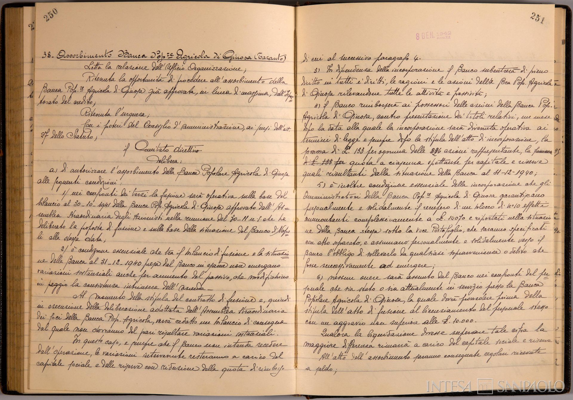 Banco di Napoli, Verbali del Comitato Direttivo, delibera n. 38 relativa all'assorbimento della Banca Popolare Agricola di Ginosa, 8 gennaio 1942 (Archivio Storico del Banco di Napoli)