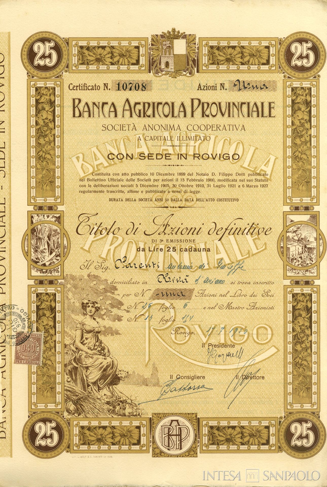 Banca Agricola Provinciale di Rovigo, certificato di azioni definitive, 1930