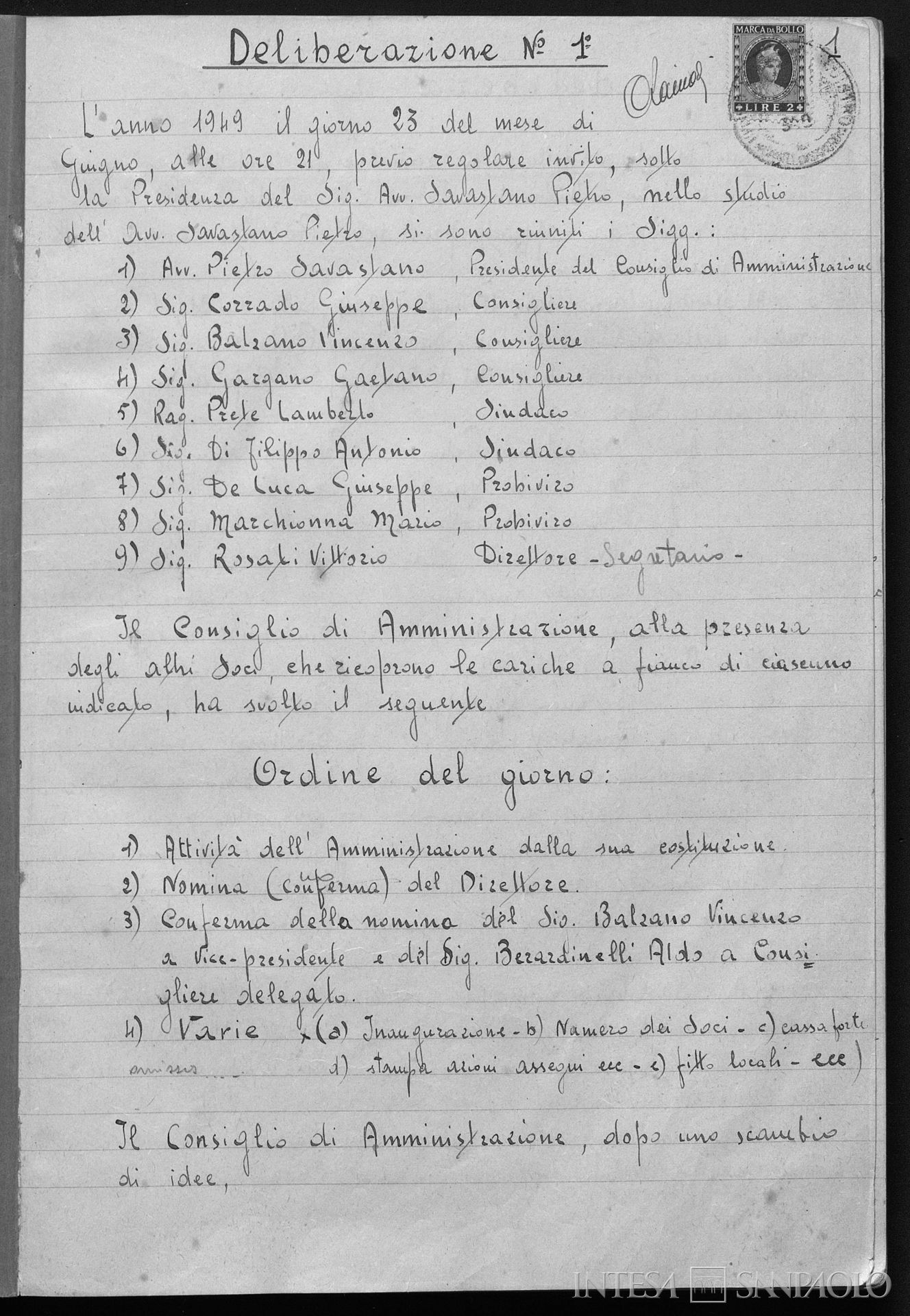 Banca Popolare di Castel di Sangro, pagina estratta da un volume dei Verbali del Consiglio di Amministrazione, 23 giugno 1949