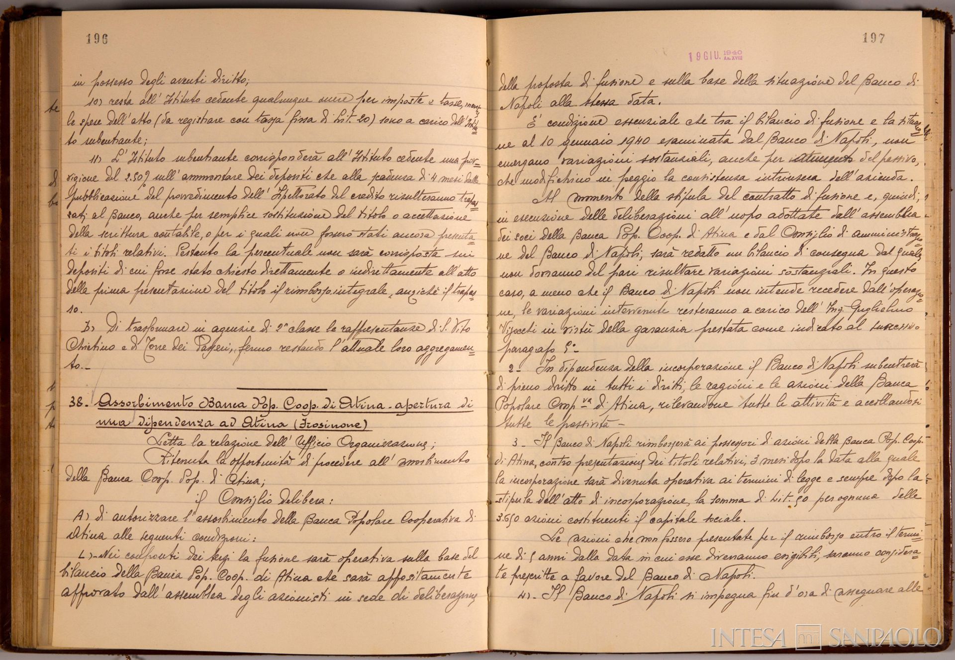 Banco di Napoli, Verbali del Consiglio di Amministrazione, delibera n. 38 relativa all'assorbimento della Banca Popolare Cooperativa di Atina e all'apertura di una dipendenza ad Atina, 19 giugno 1940 (Archivio Storico del Banco di Napoli)