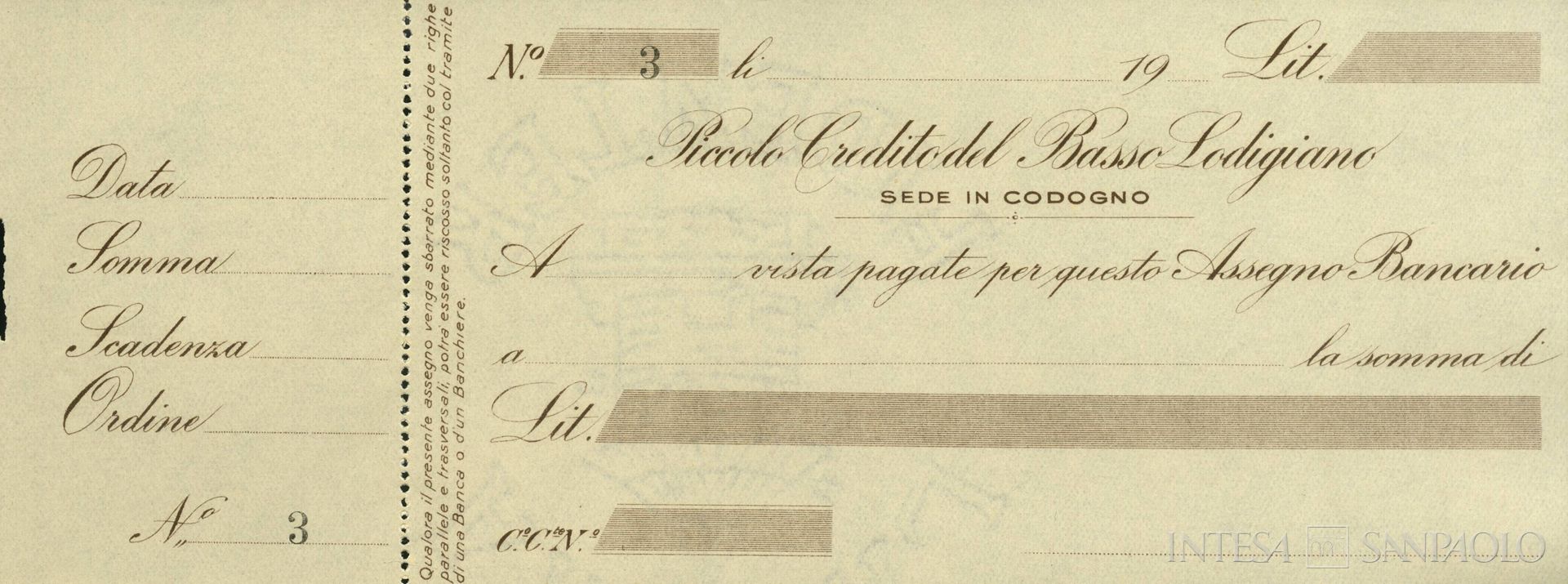 Banca Piccolo Credito del Basso Lodigiano, assegno bancario, anni Venti