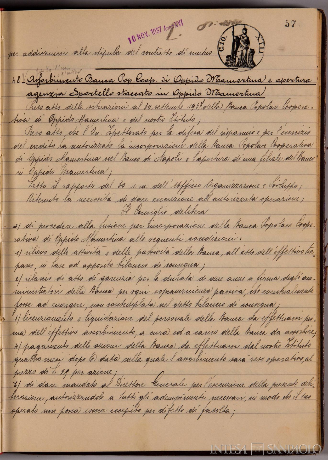 Banco di Napoli, Verbali del Consiglio di Amministrazione, delibera n. 48 relativa all'assorbimento della Banca Popolare Cooperativa di Oppido Mamertina e apertura agenzia Sportello staccato in Oppido Mamertina, 10 novembre 1937 (Archivio Storico del Banco di Napoli)