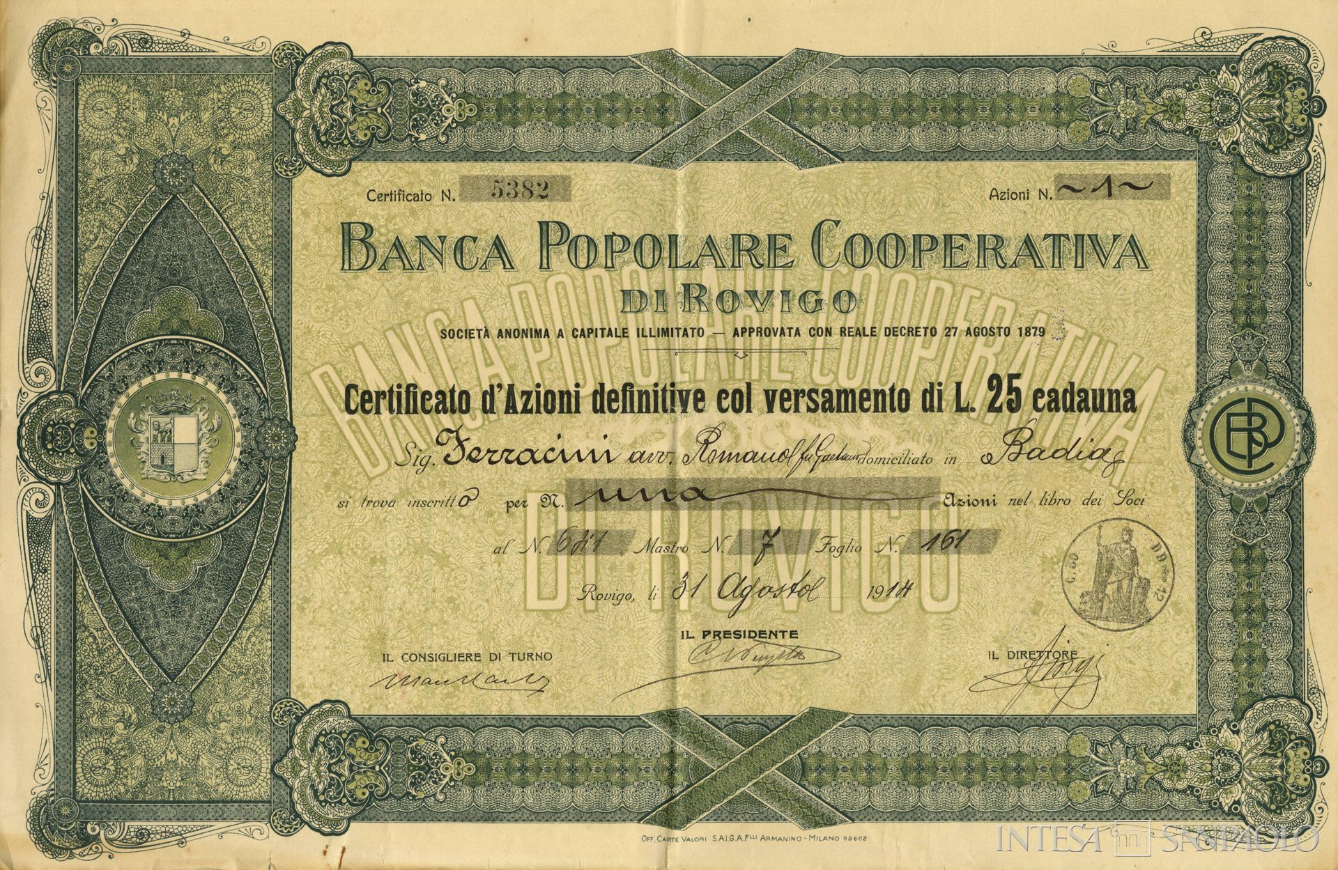 Banca Popolare Cooperativa di Rovigo, certificato azionario, 1914