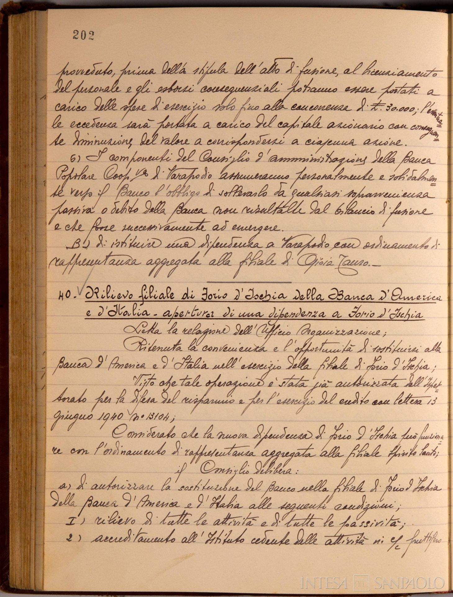 Banco di Napoli, Verbali del Consiglio di Amministrazione, delibera n. 39 relativa all'assorbimento della Banca Popolare Cooperativa di Varapodio e all'apertura di una dipendenza a Varapodio, 9 giugno 1940 (Archivio Storico del Banco di Napoli)