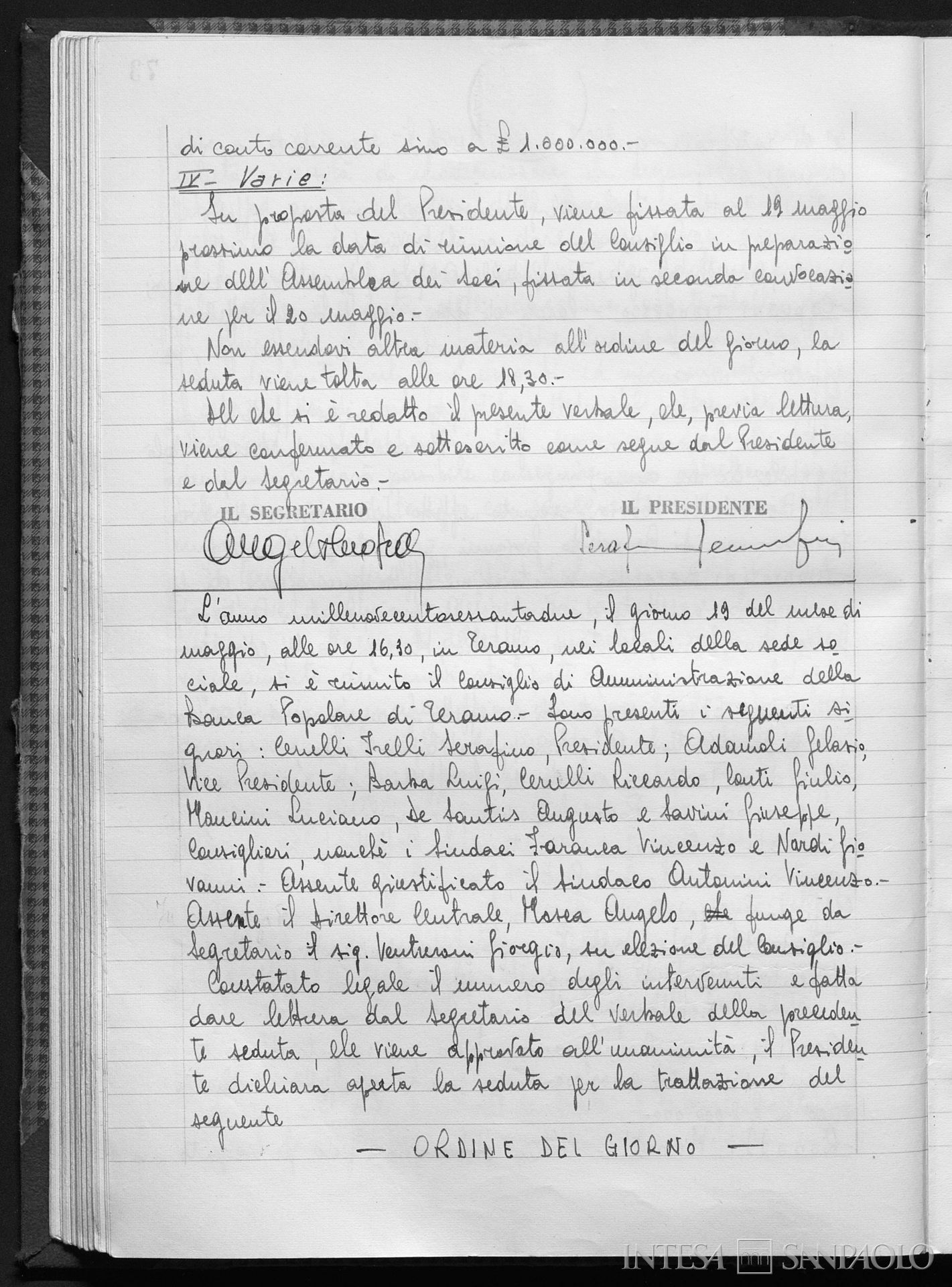 Banca Popolare di Teramo, pagina estratta dai Verbali del Consiglio di Amministrazione, 19 maggio 1962