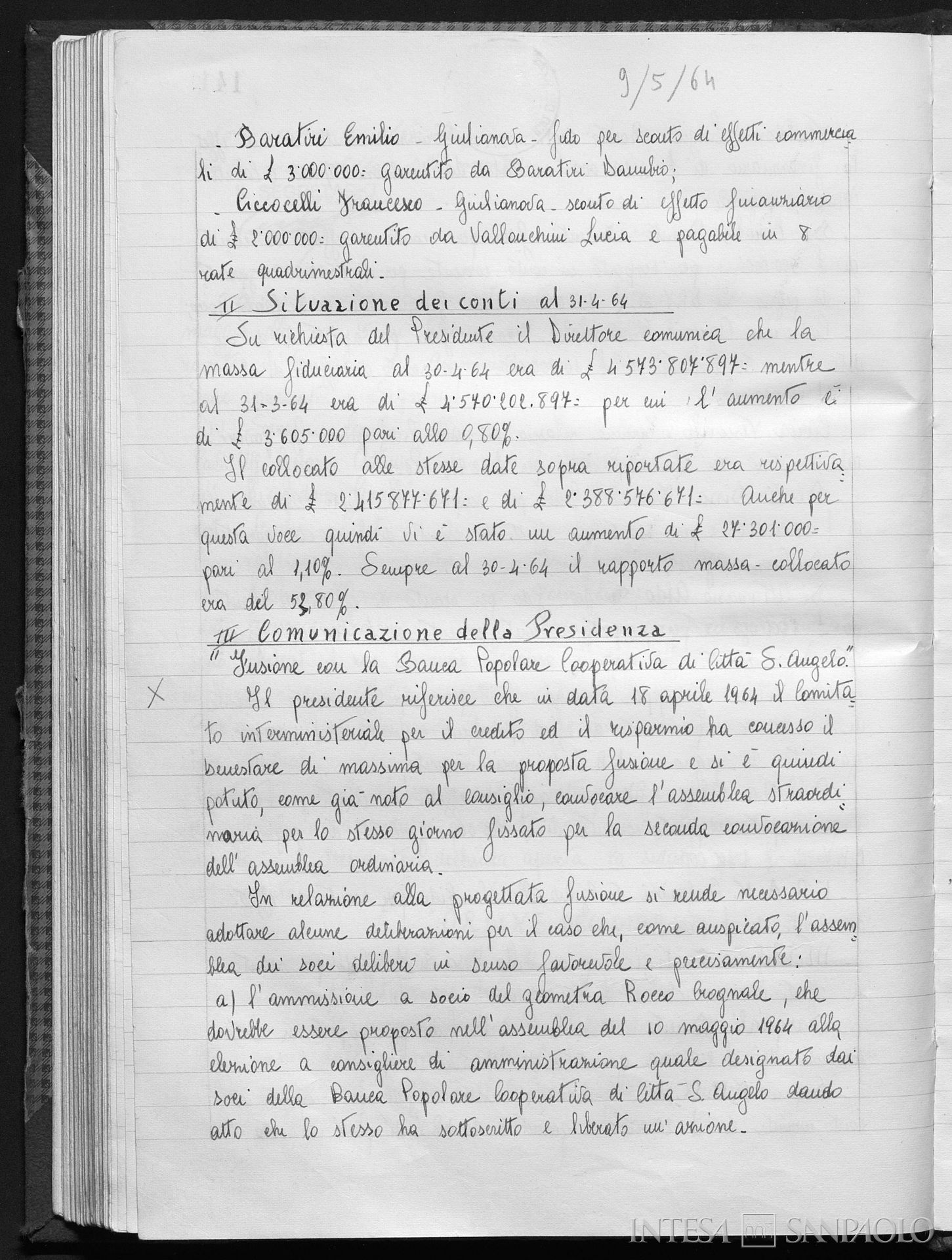 Banca Popolare Cooperativa di Città Sant'Angelo, pagina estratta dai Verbali del Consiglio di Amministrazione relativa alla fusione fra l'istituto e la Banca Mutua Popolare di Teramo, 9 maggio 1964