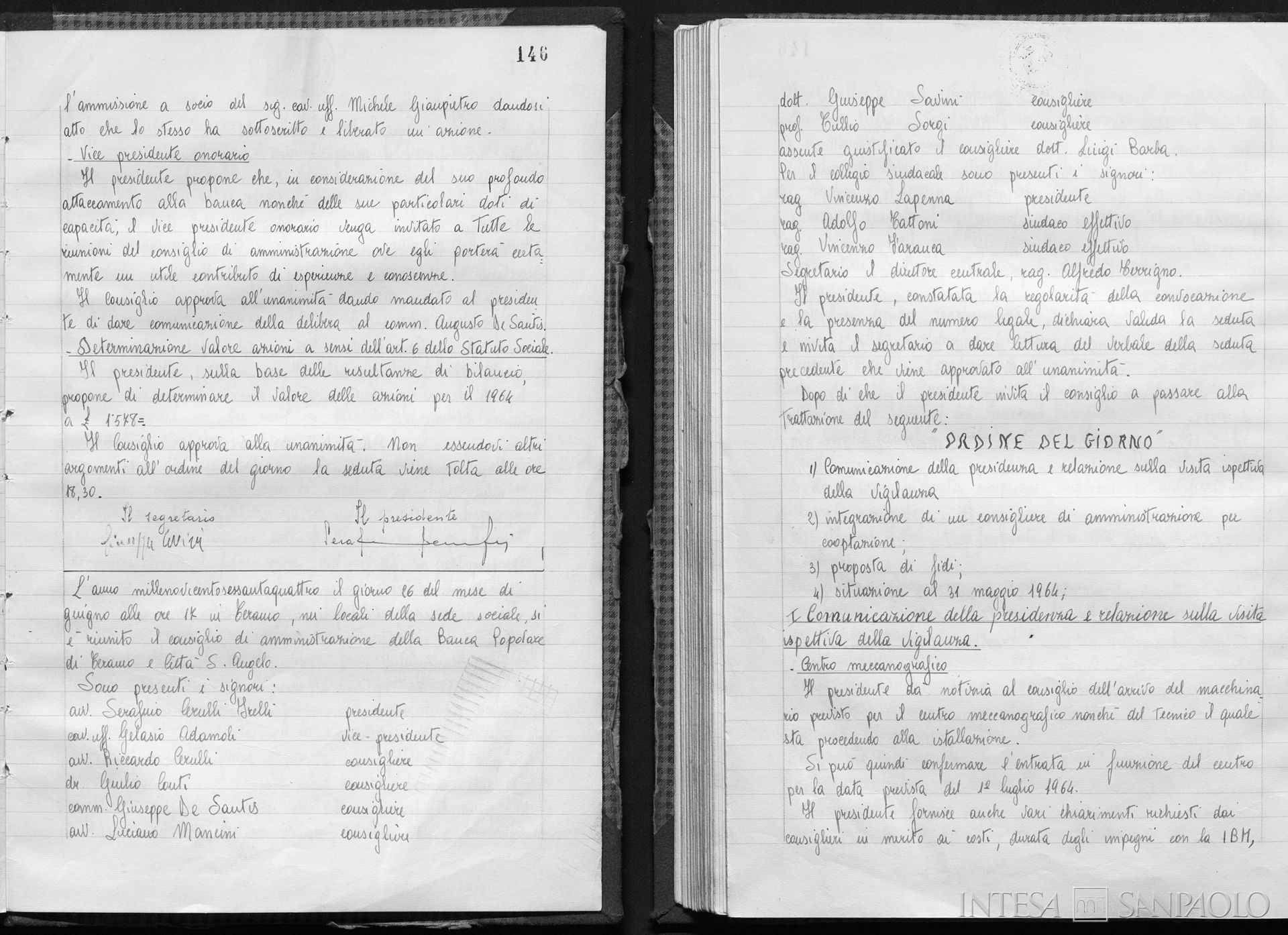 Banca Popolare di Teramo e Città Sant'Angelo, pagine estratte dai verbali del Consiglio di Amministrazione, 16 giugno 1964