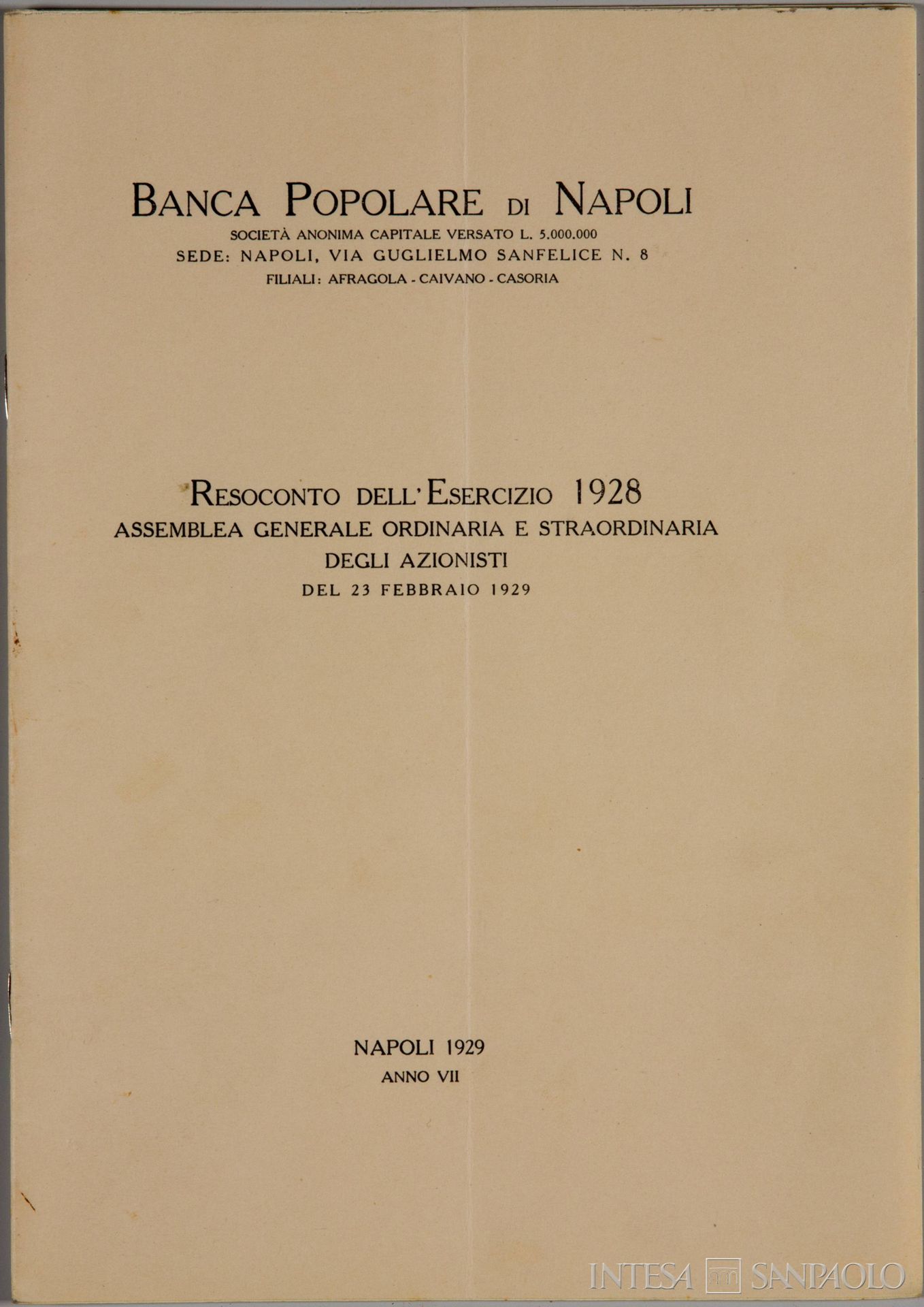 Banca Popolare di Napoli, Agricom, resoconto dell'esercizio del 1928 della Banca Popolare di Napoli, 1929 (Archivio Storico del Banco di Napoli)
