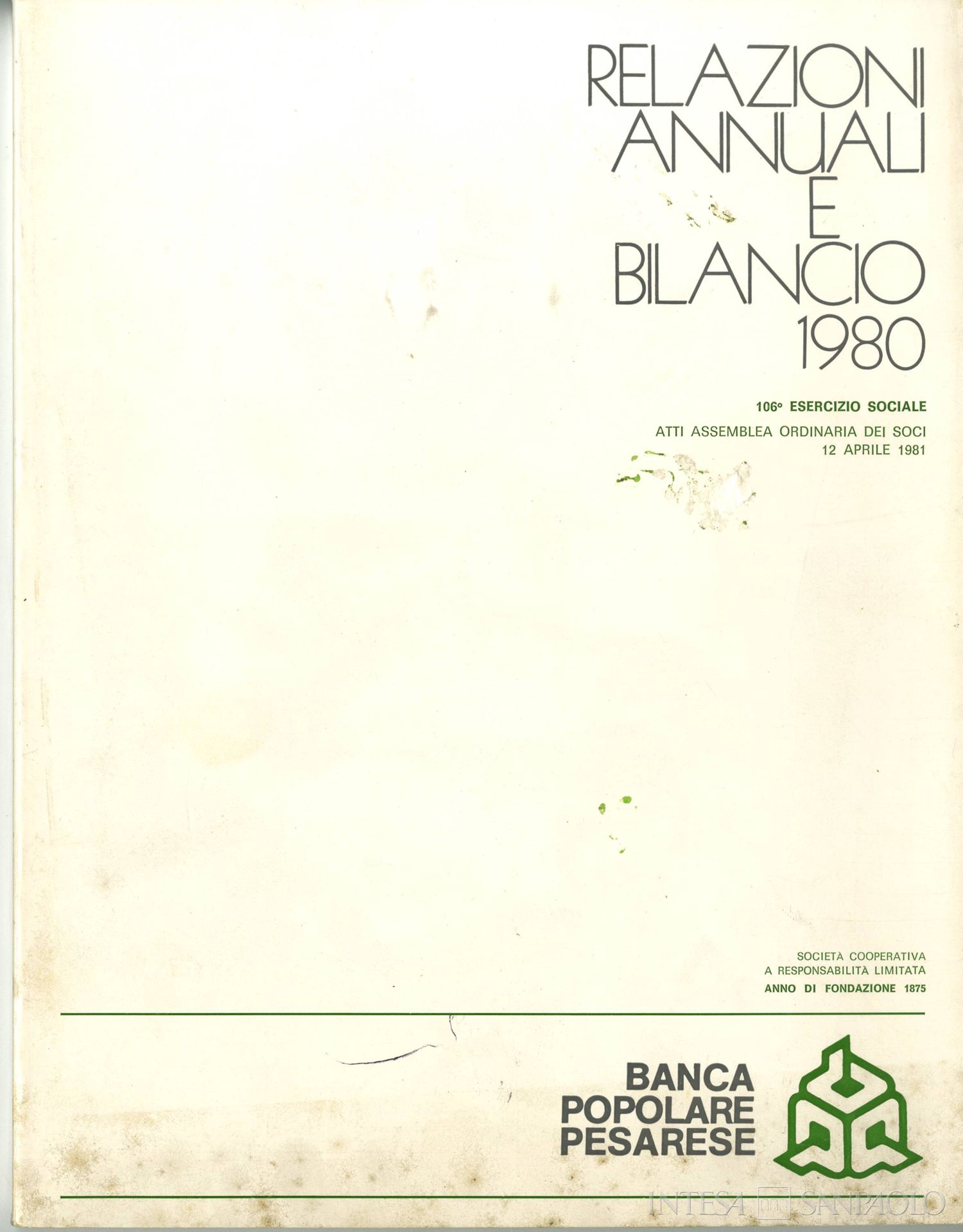 Banca Popolare Pesarese, frontespizio della pubblicazione dedicata al bilancio dell'anno 1980, 1981