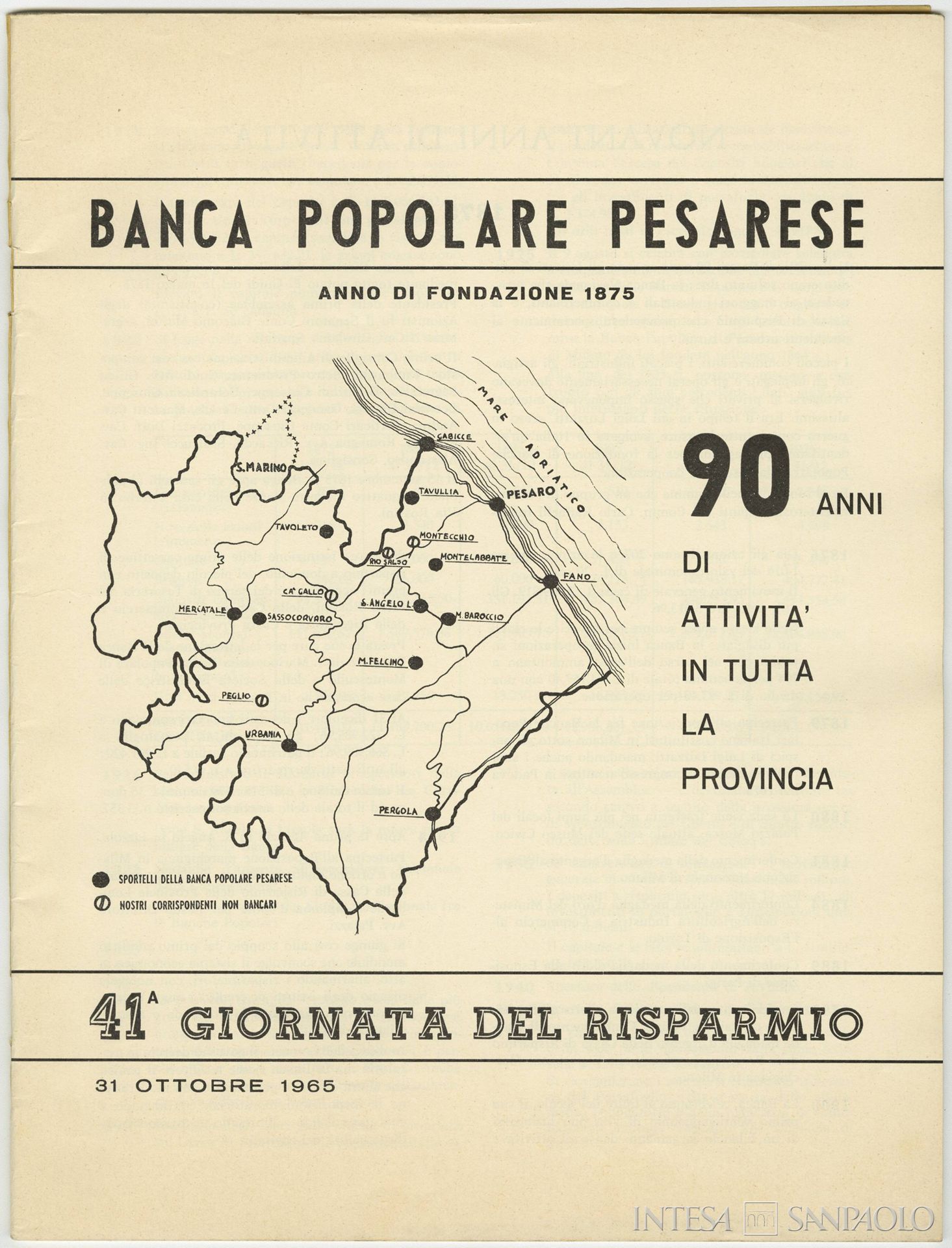 Banca Popolare Pesarese, frontespizio della pubblicazione 90 anni di attività in tutta la provincia, 31 ottobre 1965